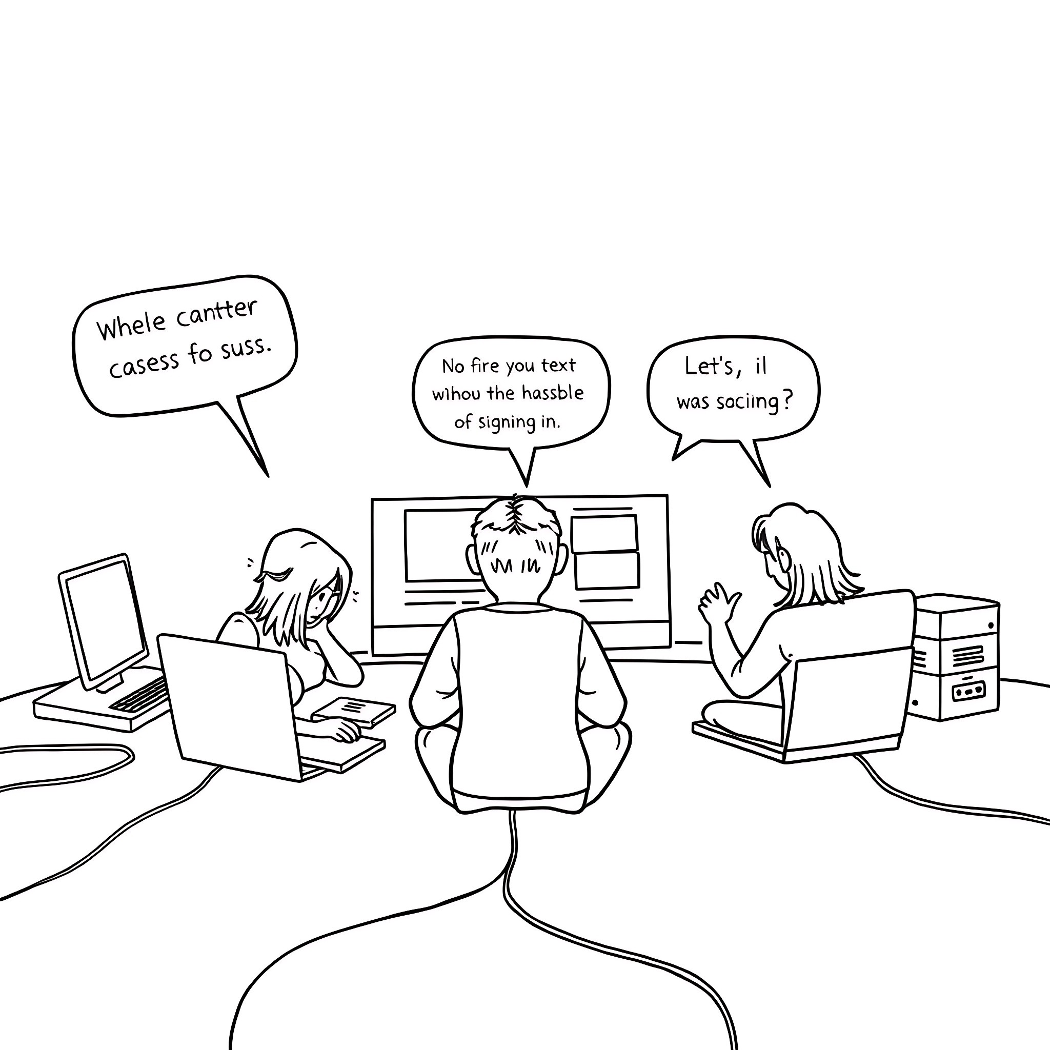 Website with workers discussing technical tasks Coloring Page (free black-and-white line drawing printable PDF for all, from beginners to advanced learners, including children, teens, adults, and seniors)