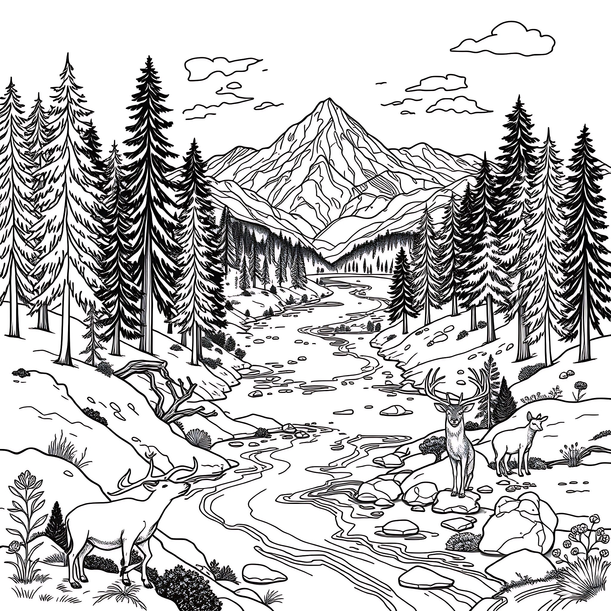 Nature scene with wildlife in the mountain landscape Coloring Page (free black-and-white line drawing printable PDF for all, from beginners to advanced learners, including children, teens, adults, and seniors)
