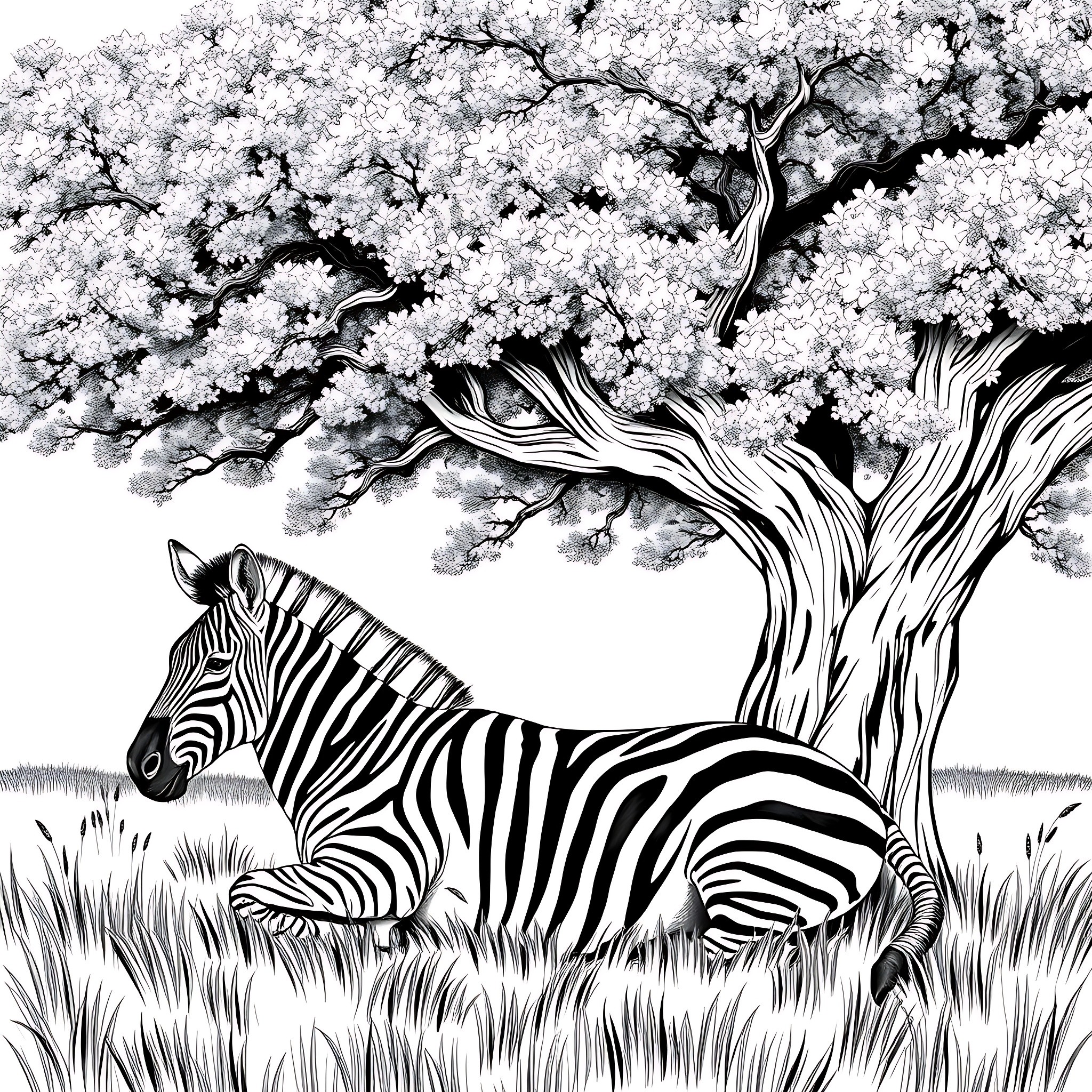 Zebra resting under blossoming tree Coloring Page (free black-and-white line drawing printable PDF for all, from beginners to advanced learners, including children, teens, adults, and seniors)