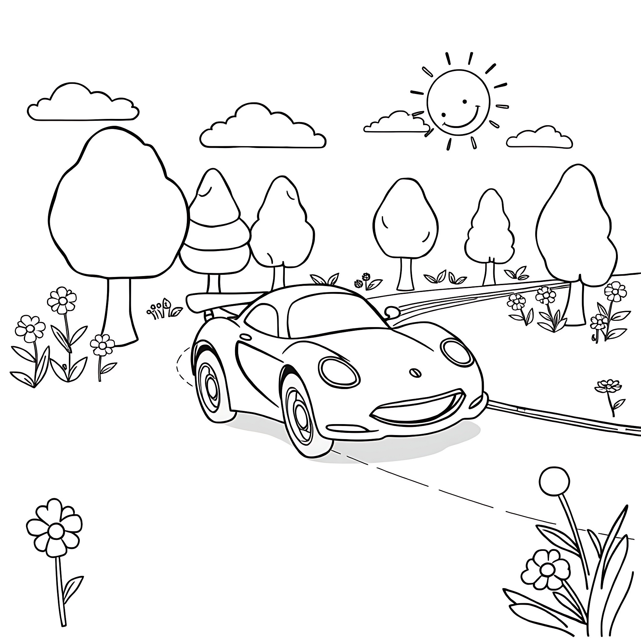 Toy Car Driving on the Road through a Scenic Landscape Coloring Page (free black-and-white line drawing printable PDF for all, from beginners to advanced learners, including children, teens, adults, and seniors)