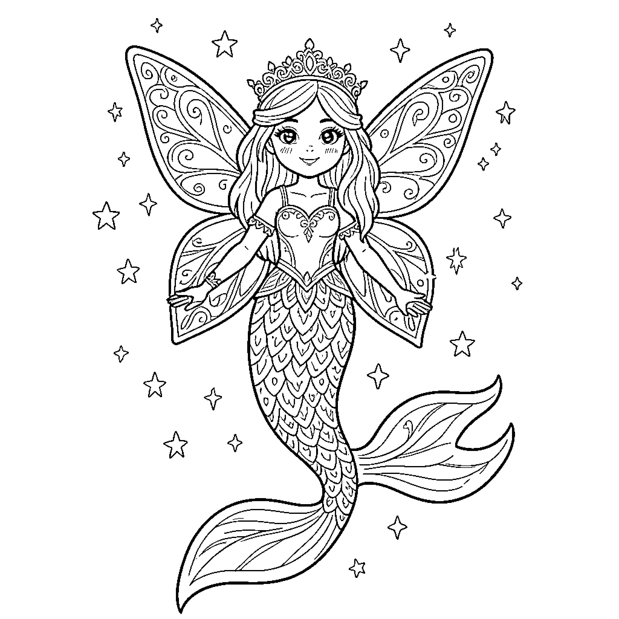 Hada Mermaid Fairy with Intricate Wings and Crown Coloring Page (free black-and-white line drawing printable PDF for all, from beginners to advanced learners, including children, teens, adults, and seniors)