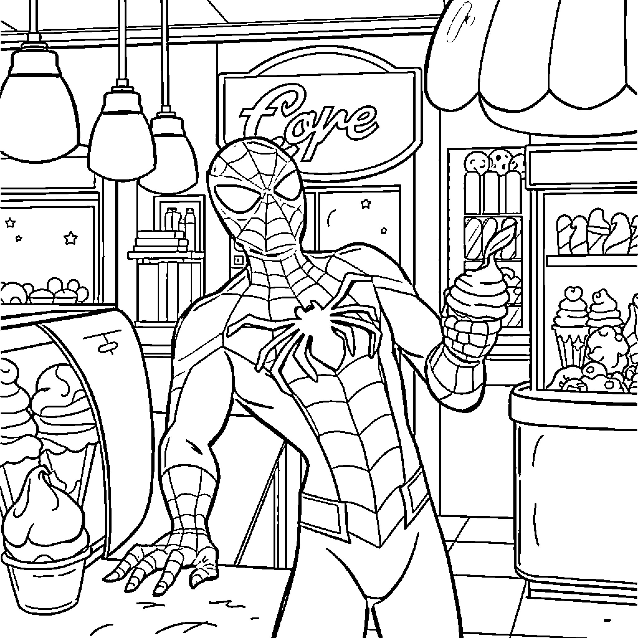 Spider-Man exploring a store with various items Coloring Page (free black-and-white line drawing printable PDF for all, from beginners to advanced learners, including children, teens, adults, and seniors)