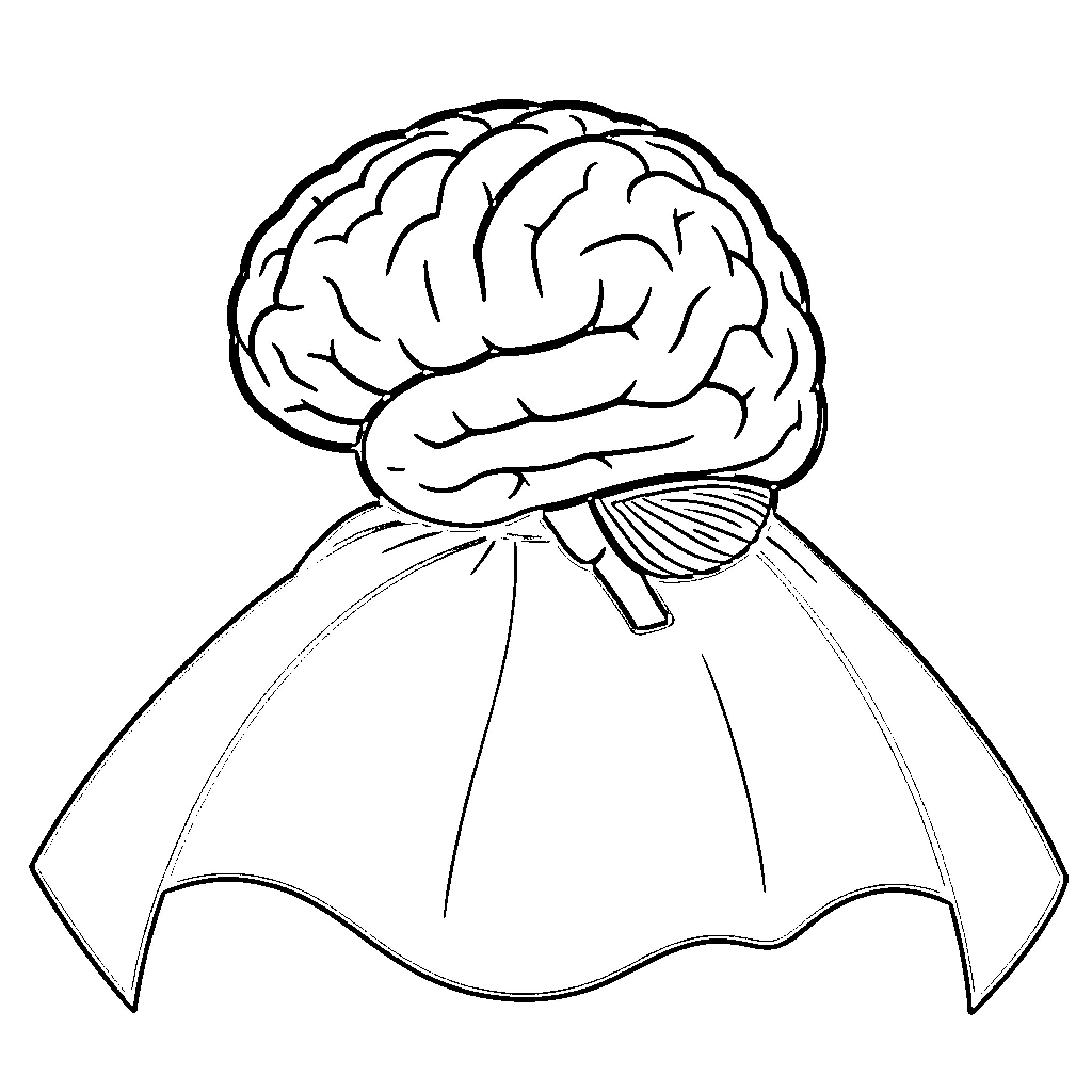 Brain wearing a cloak of protection Coloring Page (free black-and-white line drawing printable PDF for all, from beginners to advanced learners, including children, teens, adults, and seniors)