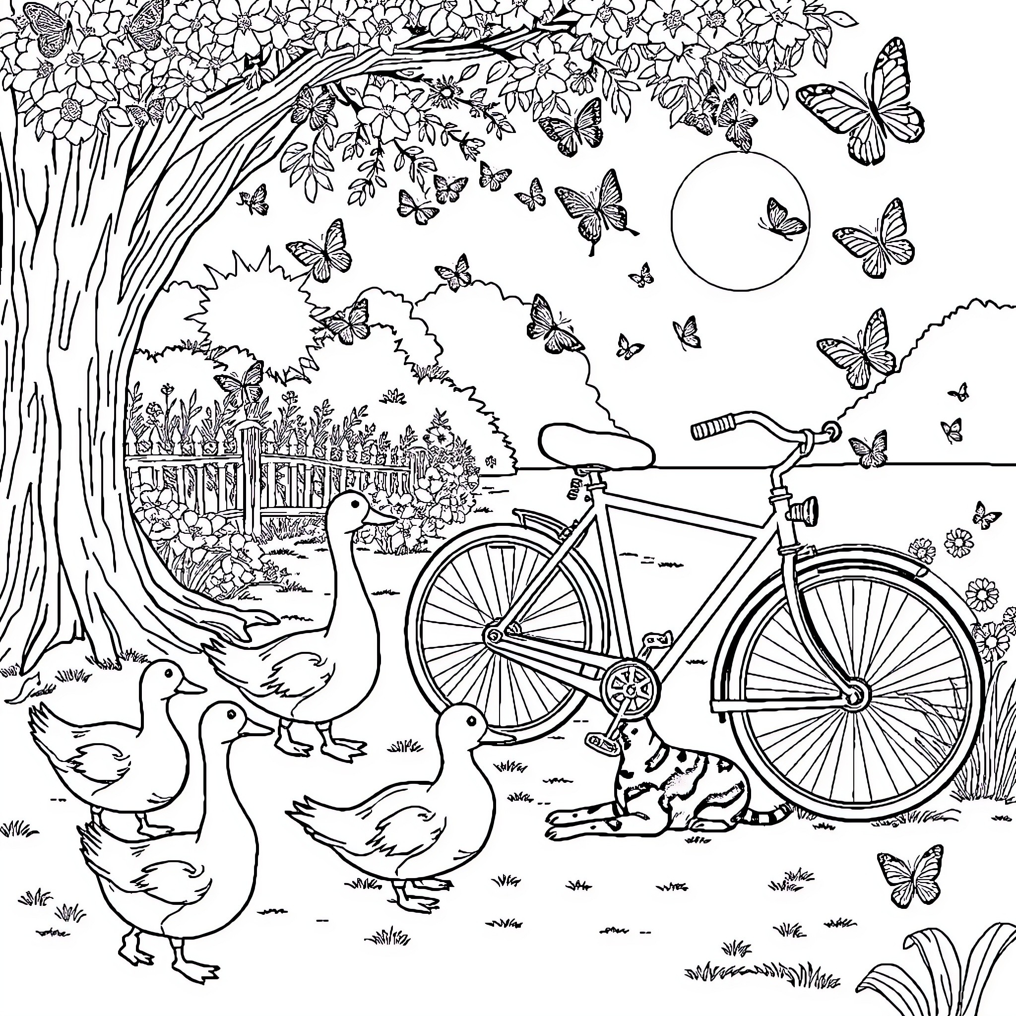 Duck and Friends Explore the Enchanting Bicycle Garden Coloring Page (free black-and-white line drawing printable PDF for all, from beginners to advanced learners, including children, teens, adults, and seniors)