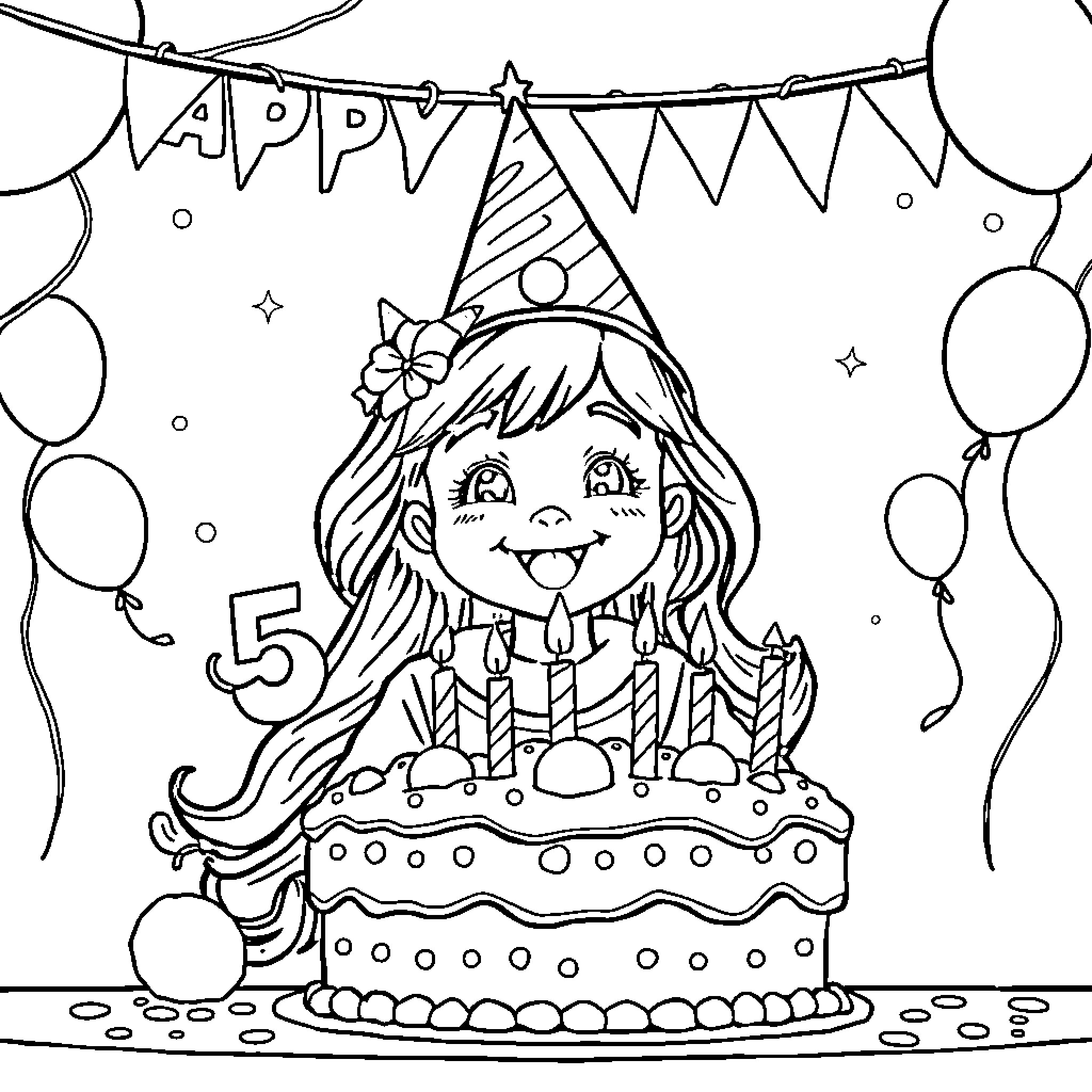 Rumi's 5th Birthday Party Celebration Coloring Page (free black-and-white line drawing printable PDF for all, from beginners to advanced learners, including children, teens, adults, and seniors)