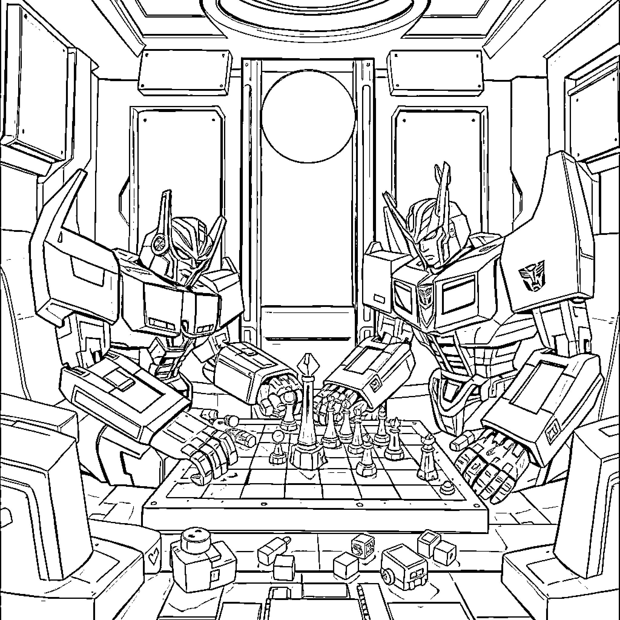Transformer characters in a complex, futuristic setting Coloring Page (free black-and-white line drawing printable PDF for all, from beginners to advanced learners, including children, teens, adults, and seniors)