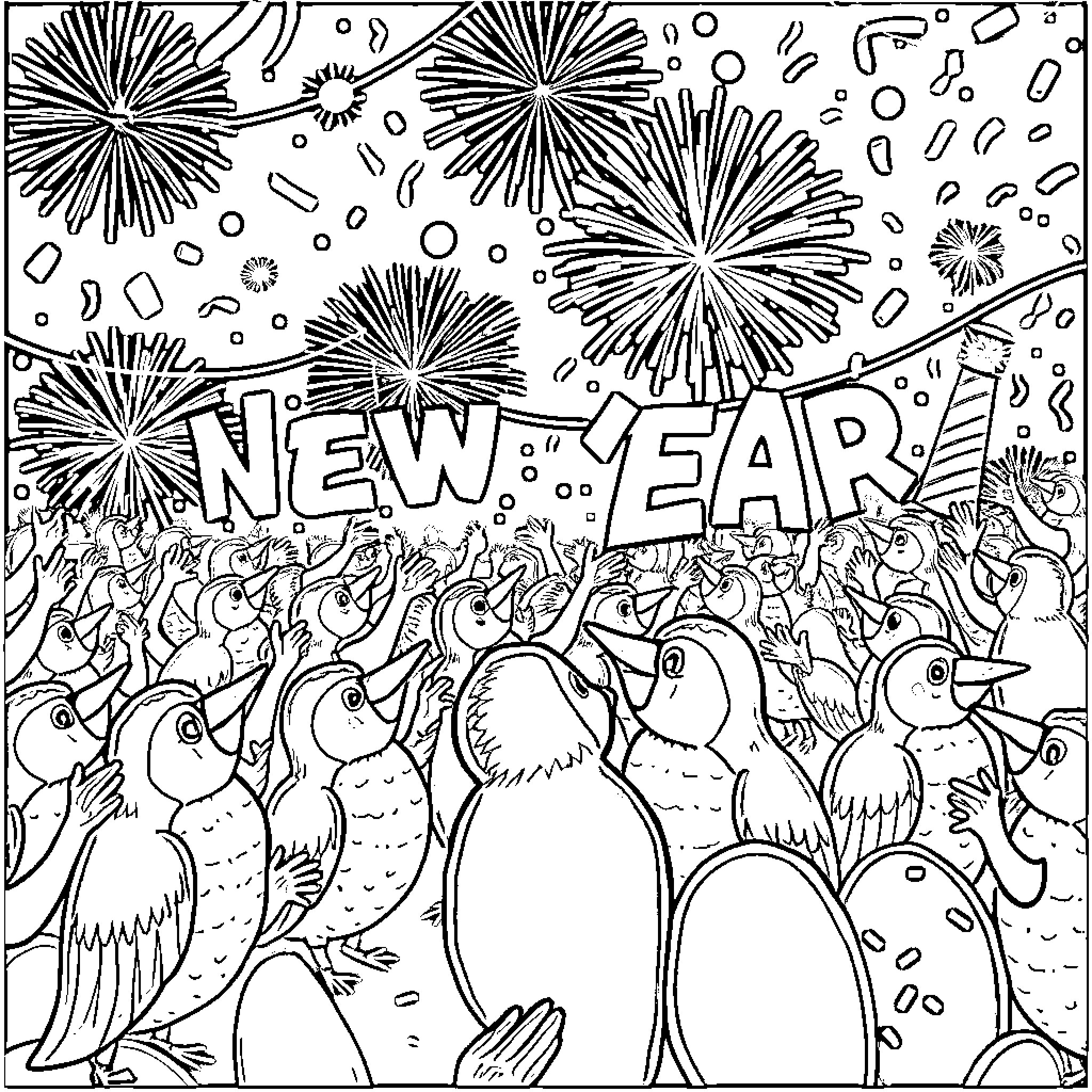 Fugglers celebrating the New Year with fireworks and a crowd Coloring Page (free black-and-white line drawing printable PDF for all, from beginners to advanced learners, including children, teens, adults, and seniors)