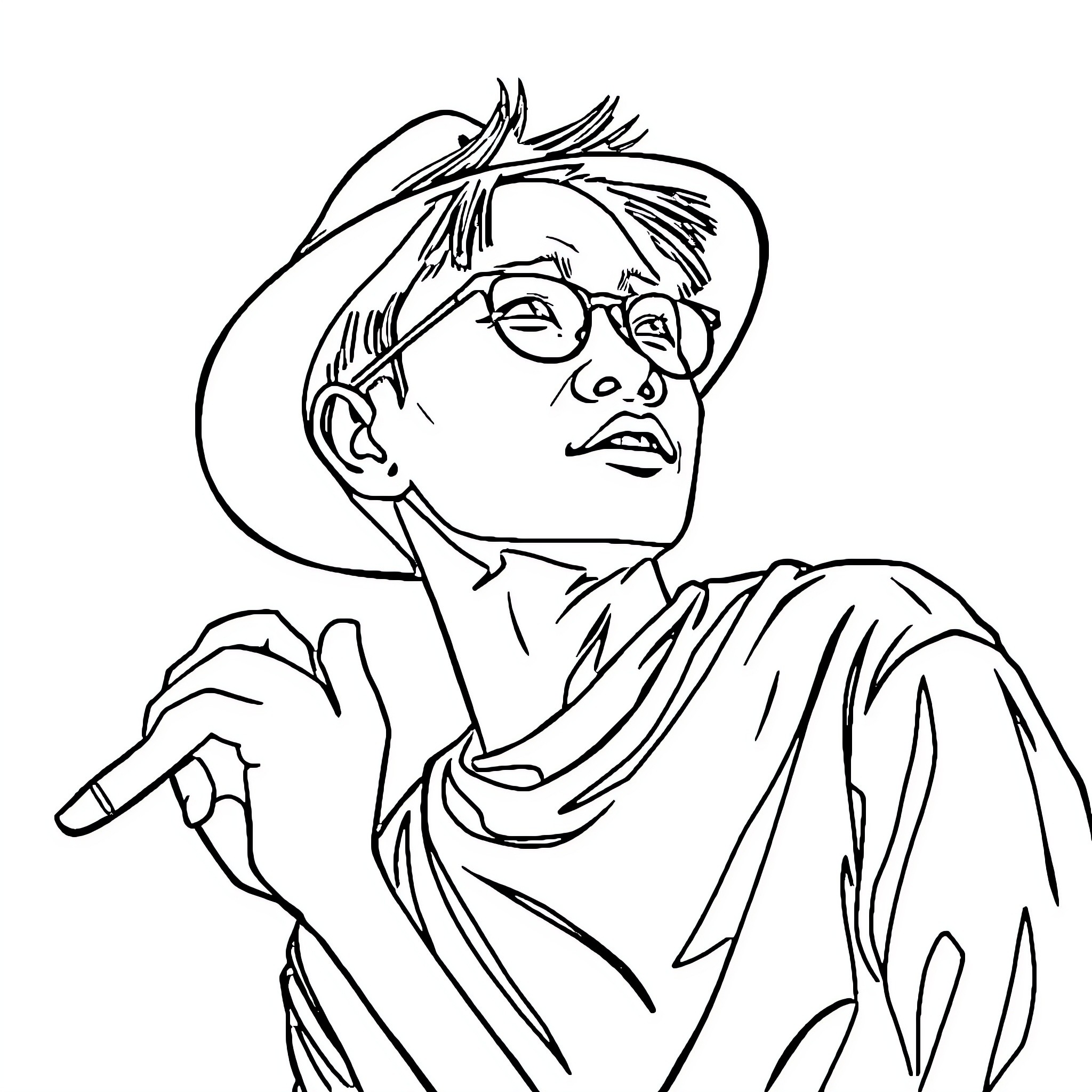 Man in glasses and hat holding microphone Coloring Page (free black-and-white line drawing printable PDF for all, from beginners to advanced learners, including children, teens, adults, and seniors)