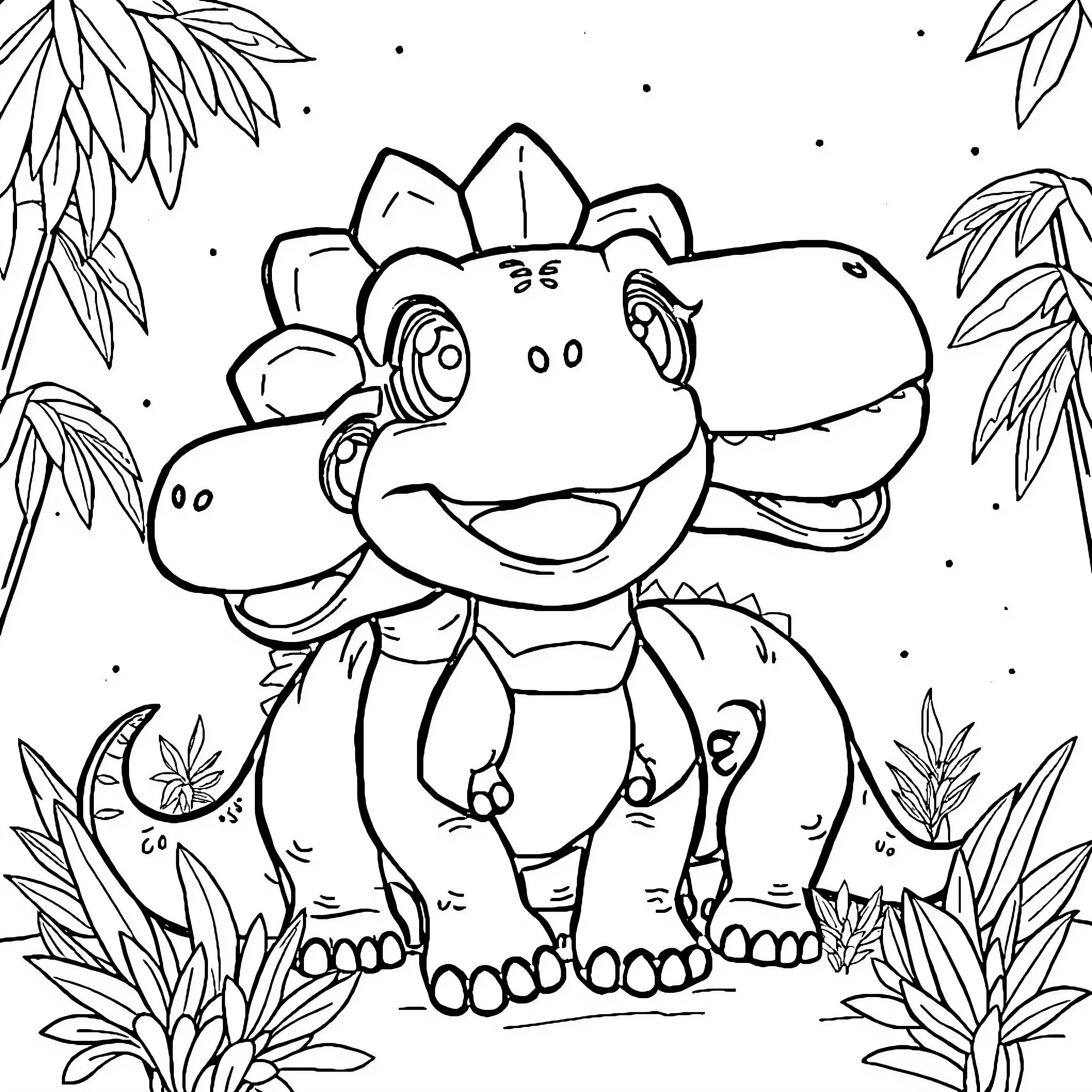 Dinosaur smiling happily in jungle scene Coloring Page (free black-and-white line drawing printable PDF for all, from beginners to advanced learners, including children, teens, adults, and seniors)