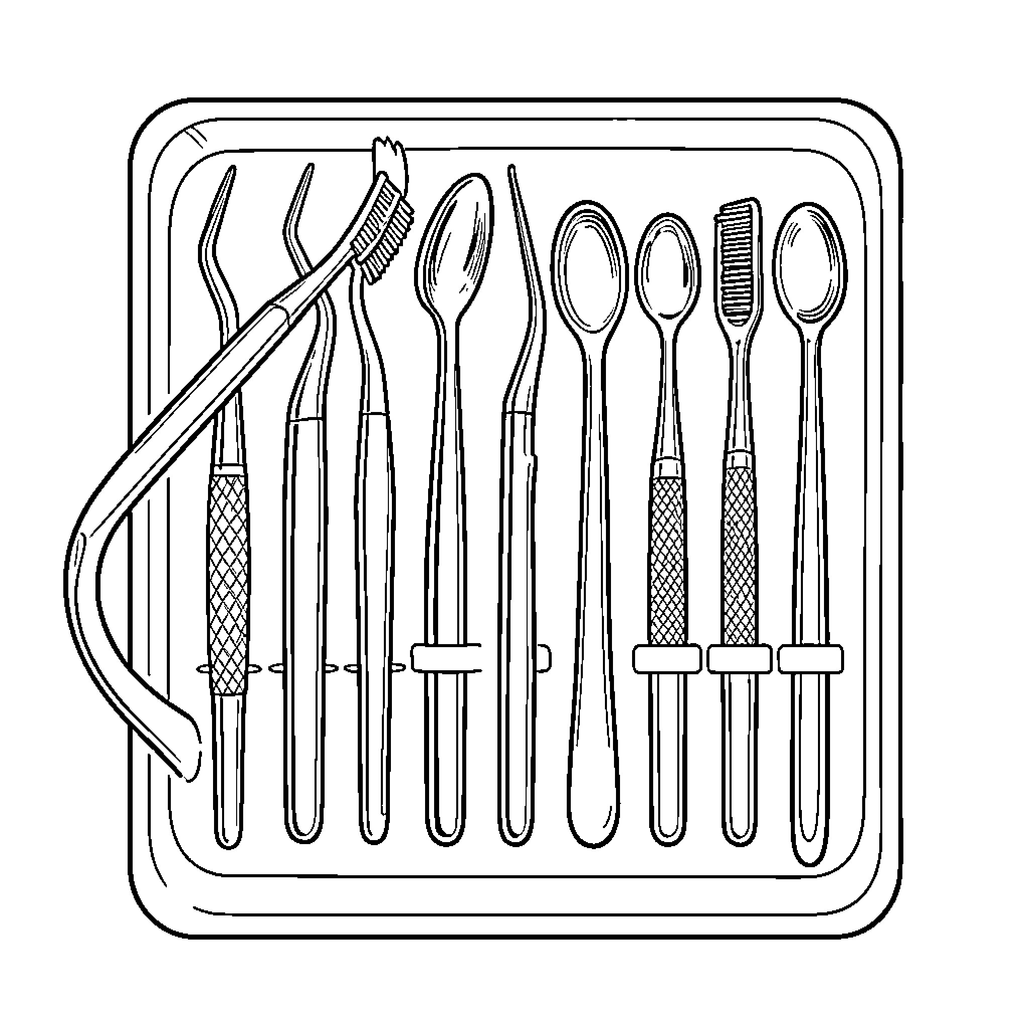 Dental Instrument Set Arranged on Tray Coloring Page (free black-and-white line drawing printable PDF for all, from beginners to advanced learners, including children, teens, adults, and seniors)