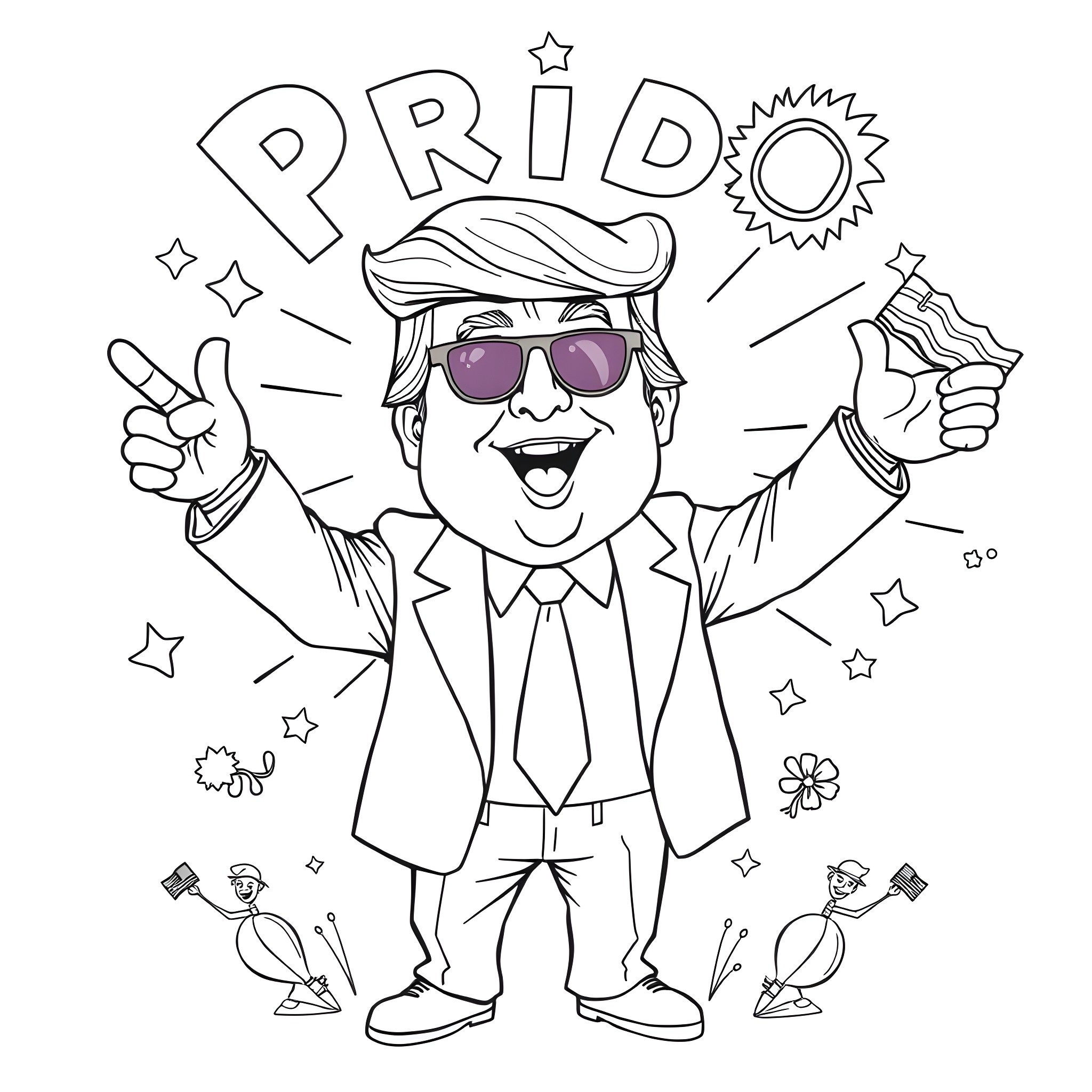 Donald Trump expressing Pride with exaggerated facial features Coloring Page (free black-and-white line drawing printable PDF for all, from beginners to advanced learners, including children, teens, adults, and seniors)