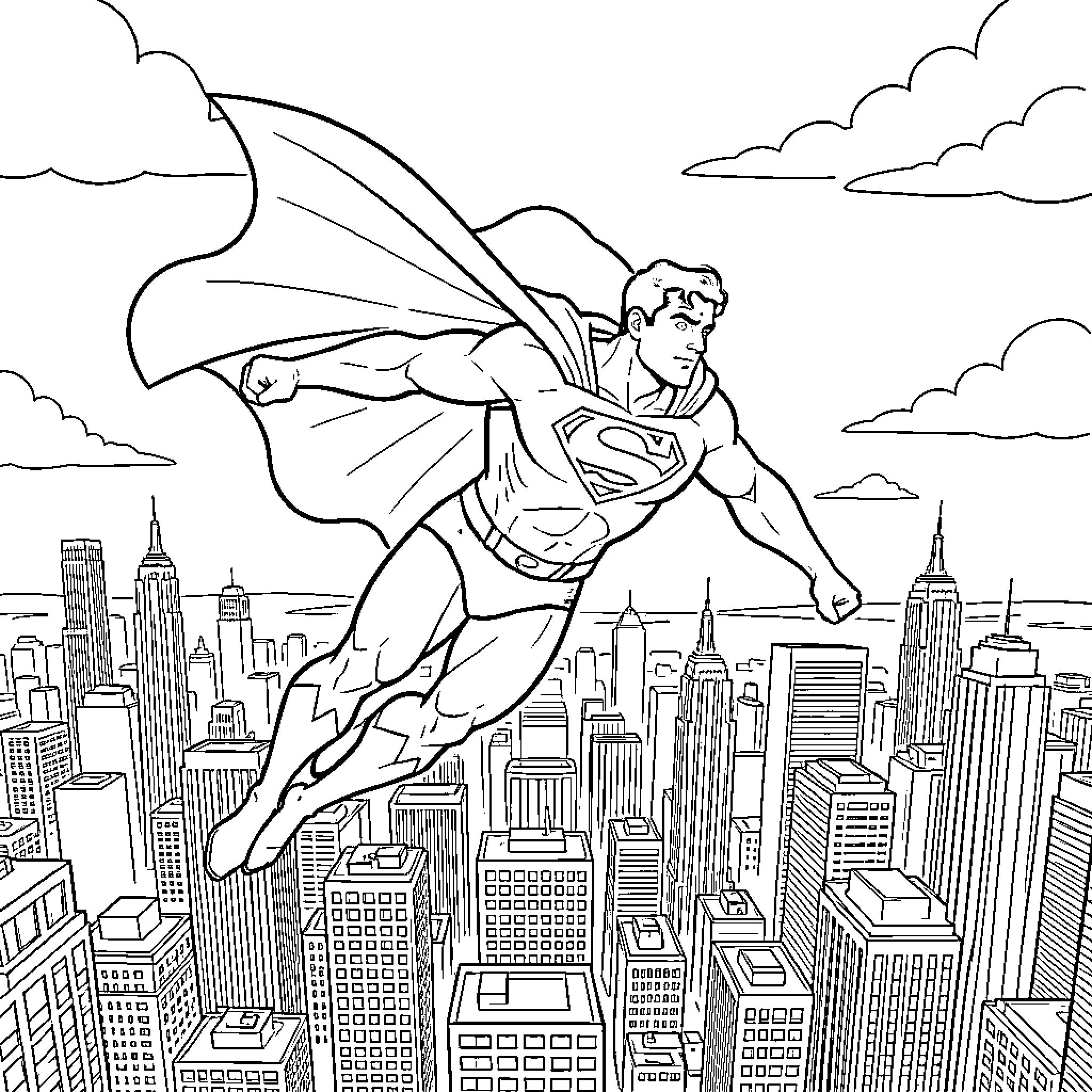 Superman flying over the city skyline Coloring Page (free black-and-white line drawing printable PDF for all, from beginners to advanced learners, including children, teens, adults, and seniors)