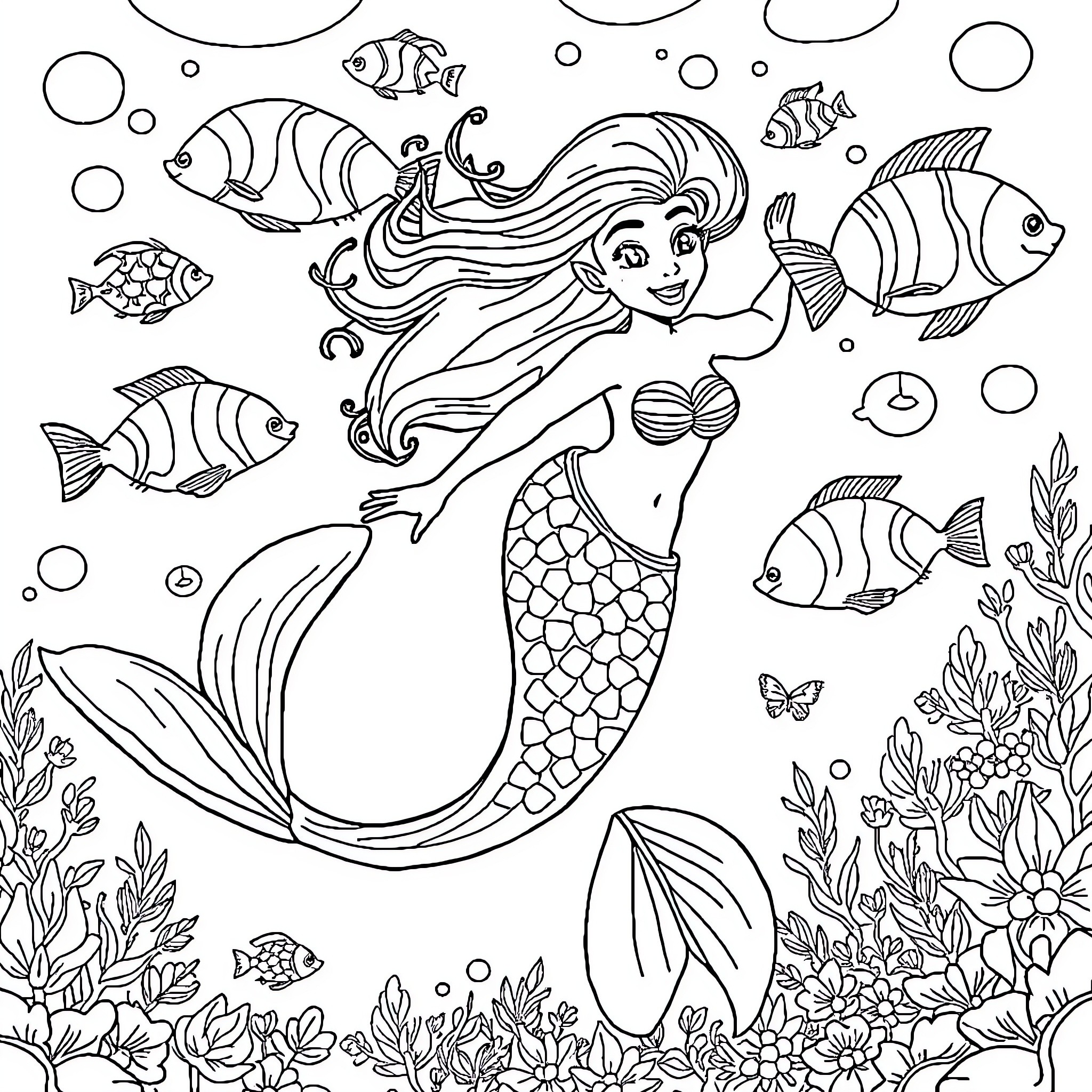 Ariel's Underwater Adventure Coloring Page (free black-and-white line drawing printable PDF for all, from beginners to advanced learners, including children, teens, adults, and seniors)