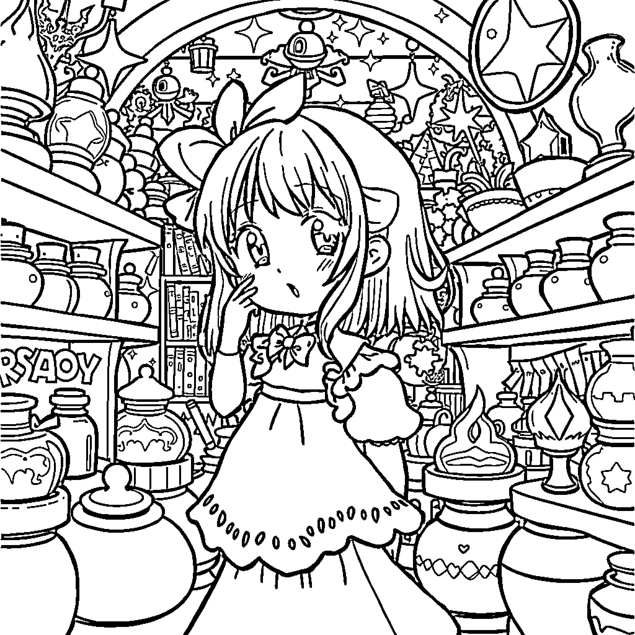Doremi's Magical Wonderland: Exploring the Enchanting Shop Coloring Page (free black-and-white line drawing printable PDF for all, from beginners to advanced learners, including children, teens, adults, and seniors)
