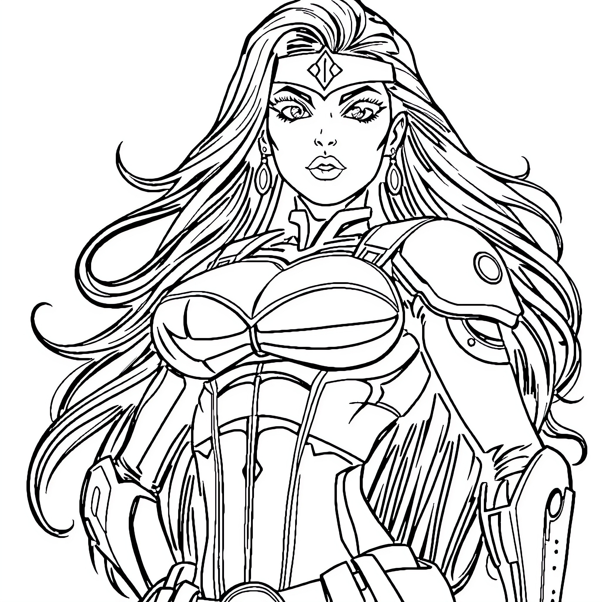 D.va in action-packed pose with intricate armor and accessories Coloring Page (free black-and-white line drawing printable PDF for all, from beginners to advanced learners, including children, teens, adults, and seniors)