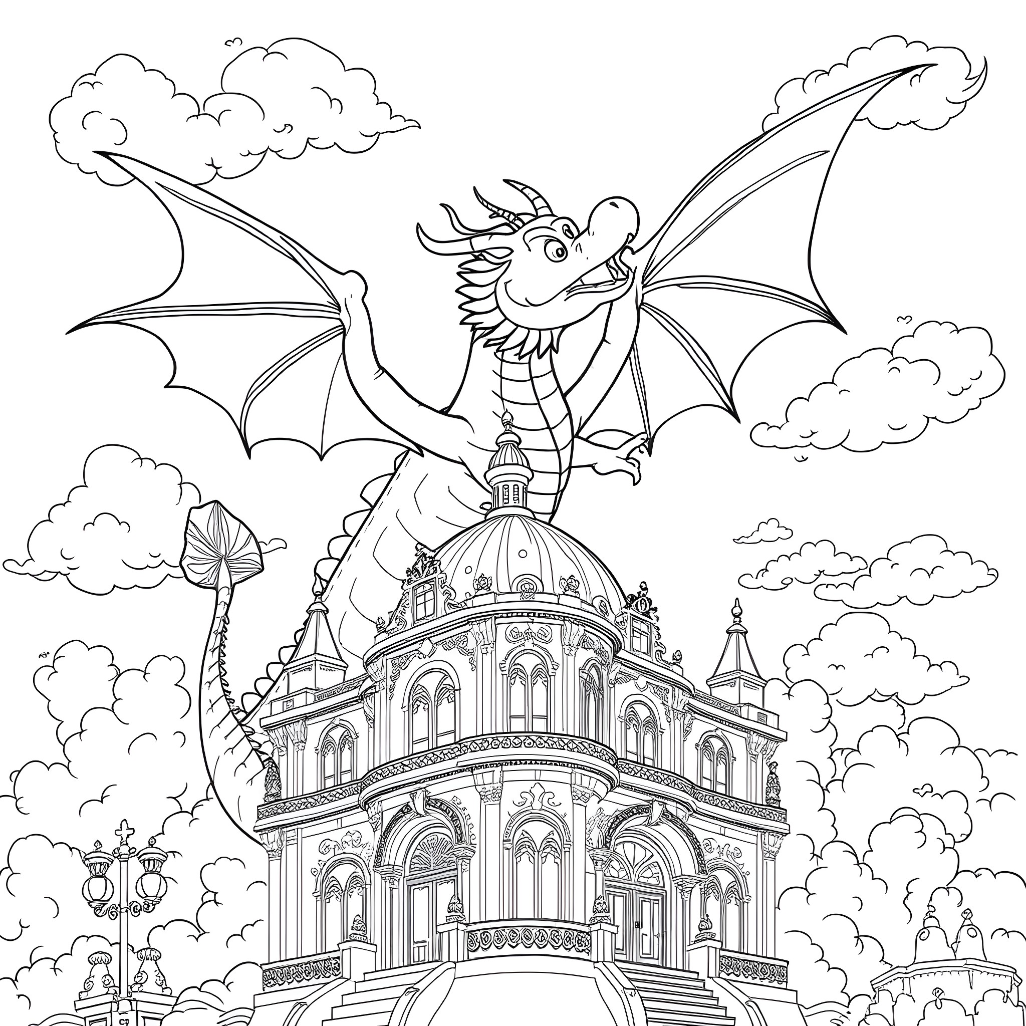 Dragon soaring over a majestic castle in the clouds Coloring Page (free black-and-white line drawing printable PDF for all, from beginners to advanced learners, including children, teens, adults, and seniors)