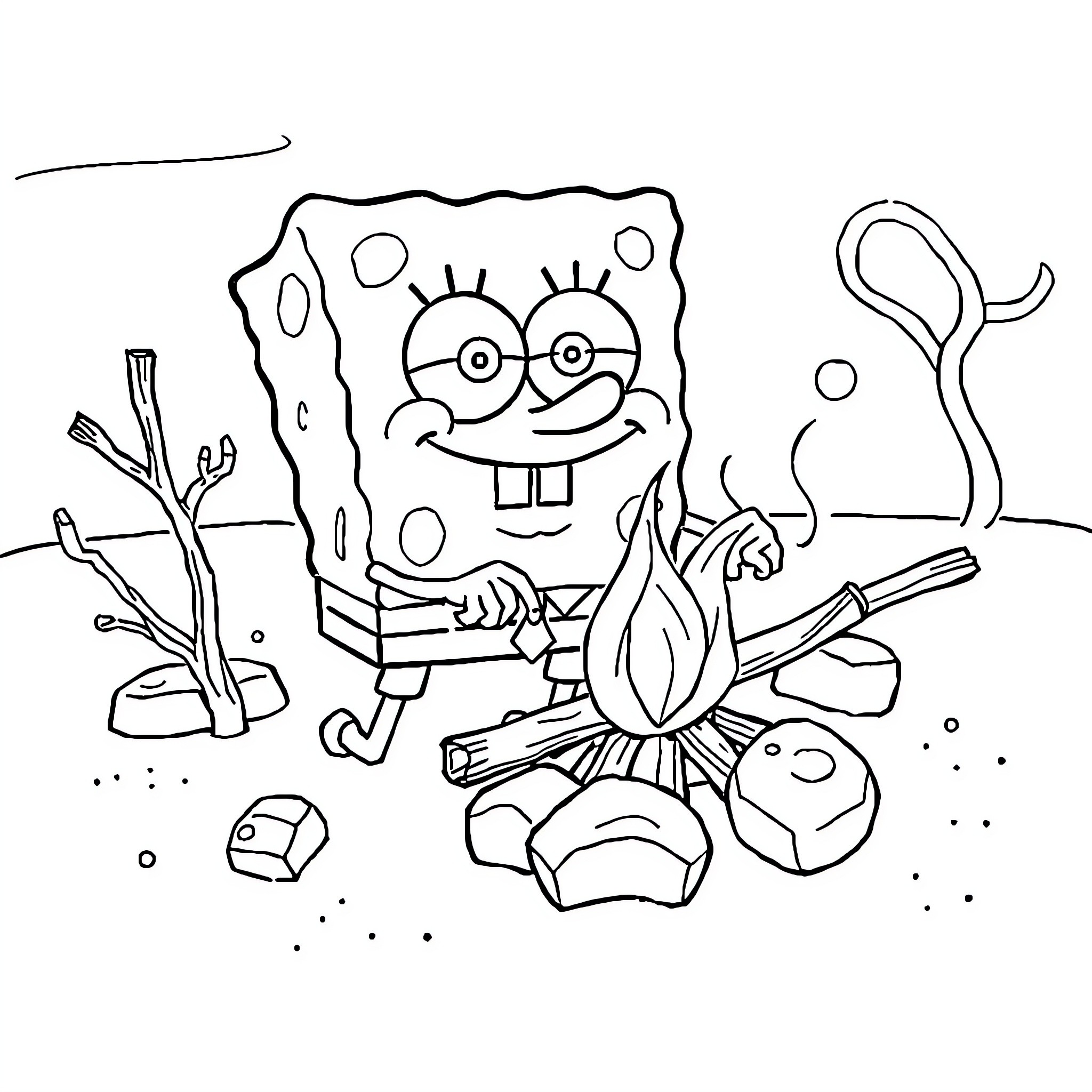 Spongebob enjoying a campfire with friends Coloring Page (free black-and-white line drawing printable PDF for all, from beginners to advanced learners, including children, teens, adults, and seniors)