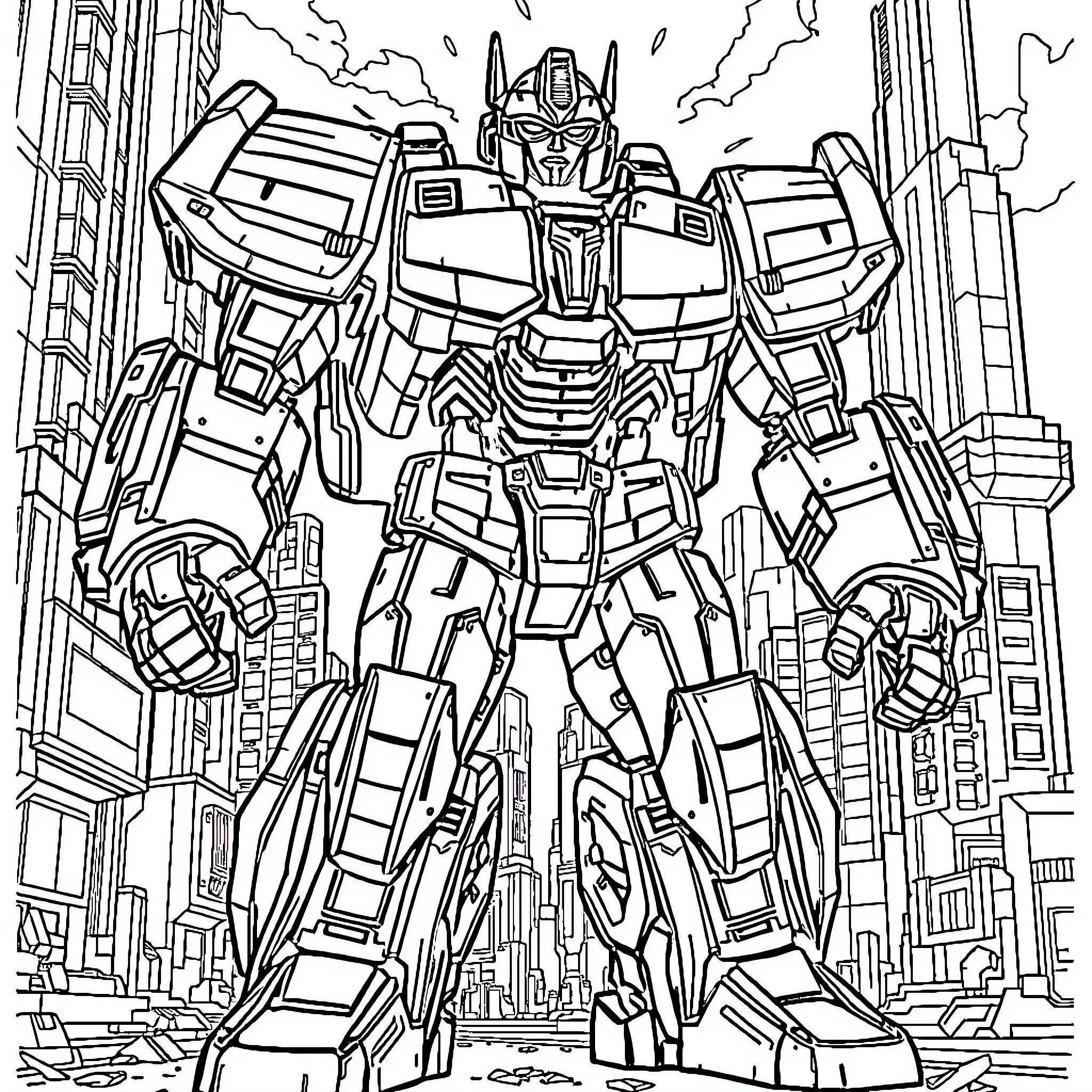 Tarn's Heroic Mech Stands Tall in the City Coloring Page (free black-and-white line drawing printable PDF for all, from beginners to advanced learners, including children, teens, adults, and seniors)