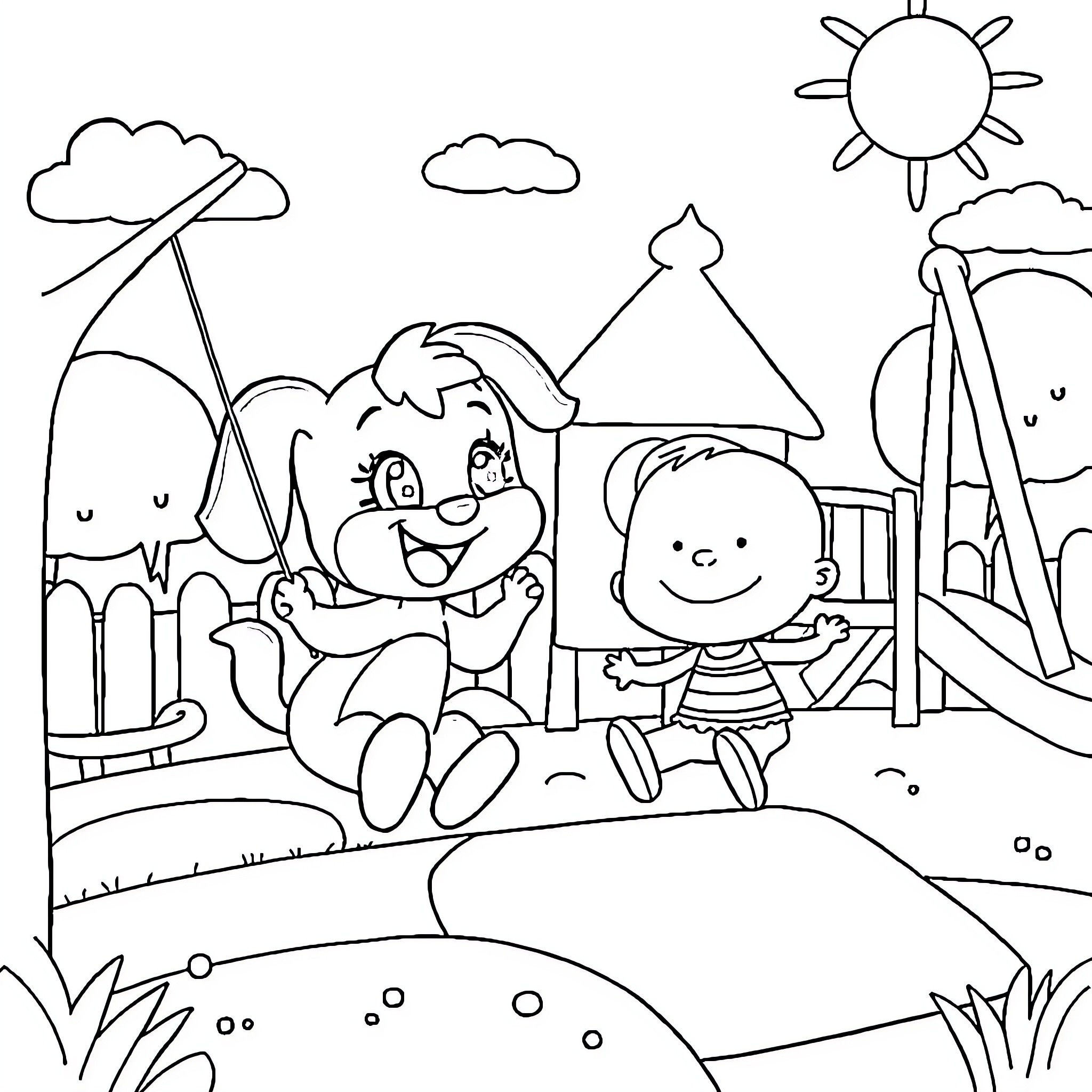 Bluey and friends playing on the playground Coloring Page (free black-and-white line drawing printable PDF for all, from beginners to advanced learners, including children, teens, adults, and seniors)