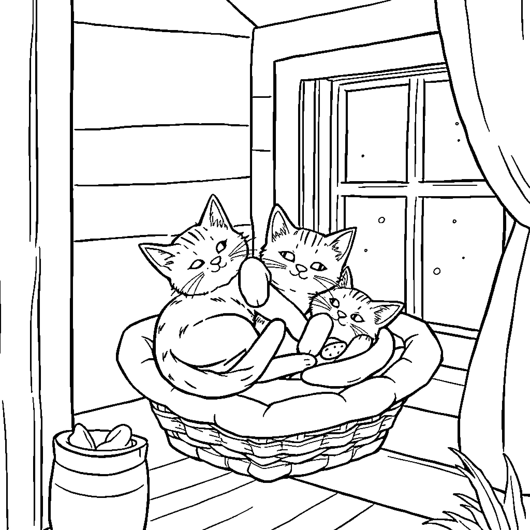 Cat family enjoying cozy indoor scene Coloring Page (free black-and-white line drawing printable PDF for all, from beginners to advanced learners, including children, teens, adults, and seniors)