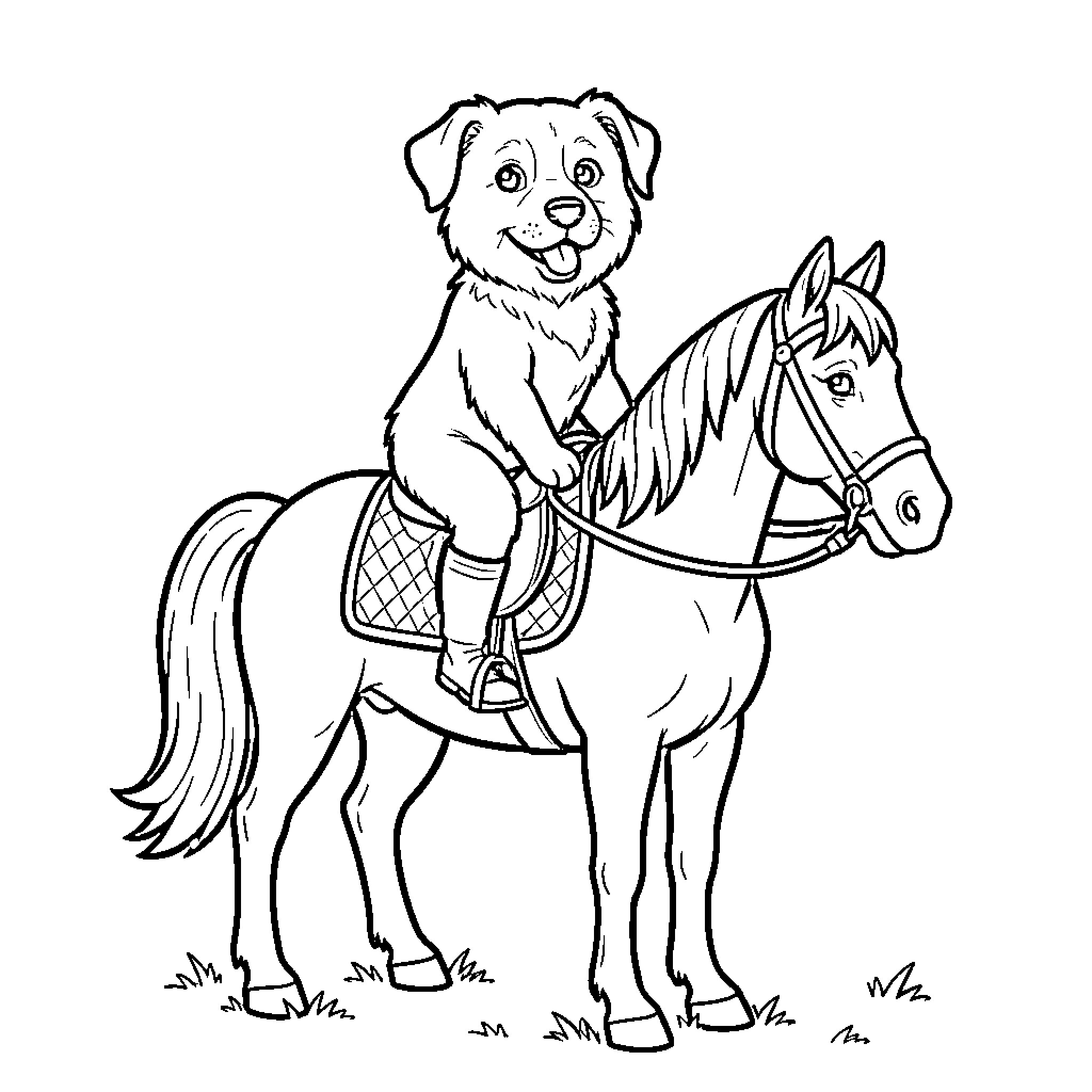 Dog riding a horse with a happy expression Coloring Page (free black-and-white line drawing printable PDF for all, from beginners to advanced learners, including children, teens, adults, and seniors)