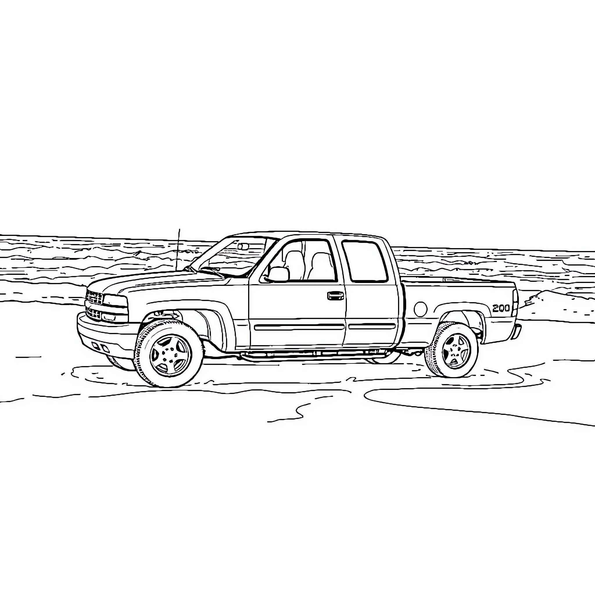 Silverado truck traversing through flooded terrain Coloring Page (free black-and-white line drawing printable PDF for all, from beginners to advanced learners, including children, teens, adults, and seniors)
