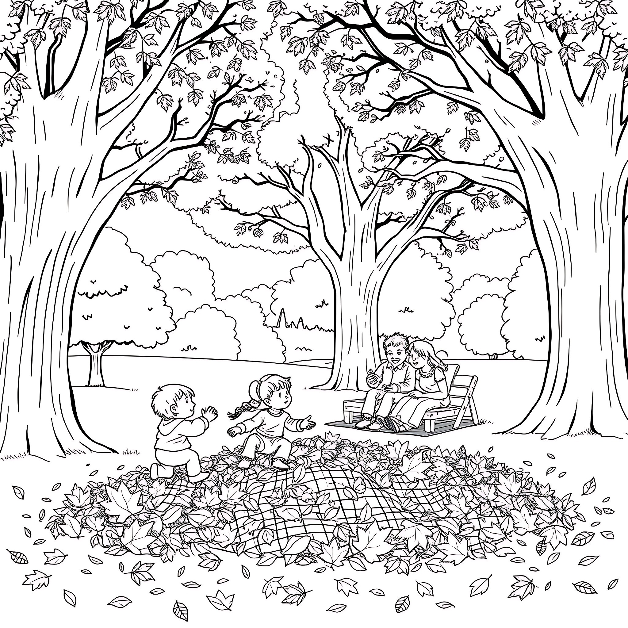Children playing happily in the autumn park Coloring Page (free black-and-white line drawing printable PDF for all, from beginners to advanced learners, including children, teens, adults, and seniors)