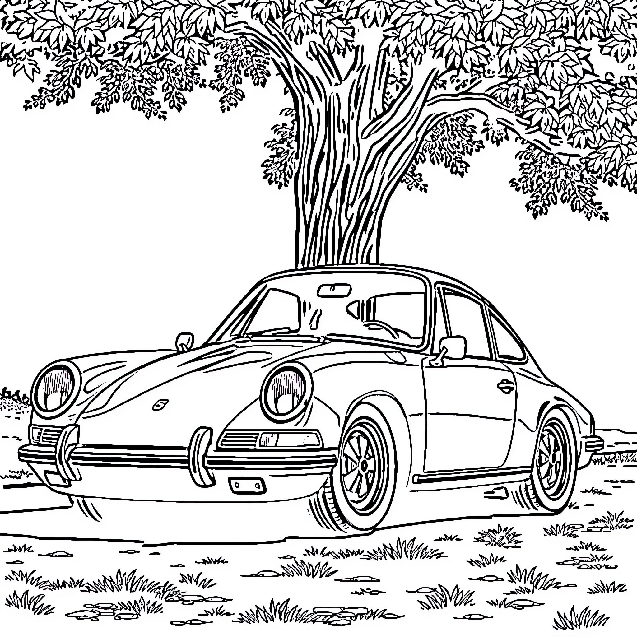 Porsche in a Lush Forest Landscape Coloring Page (free black-and-white line drawing printable PDF for all, from beginners to advanced learners, including children, teens, adults, and seniors)