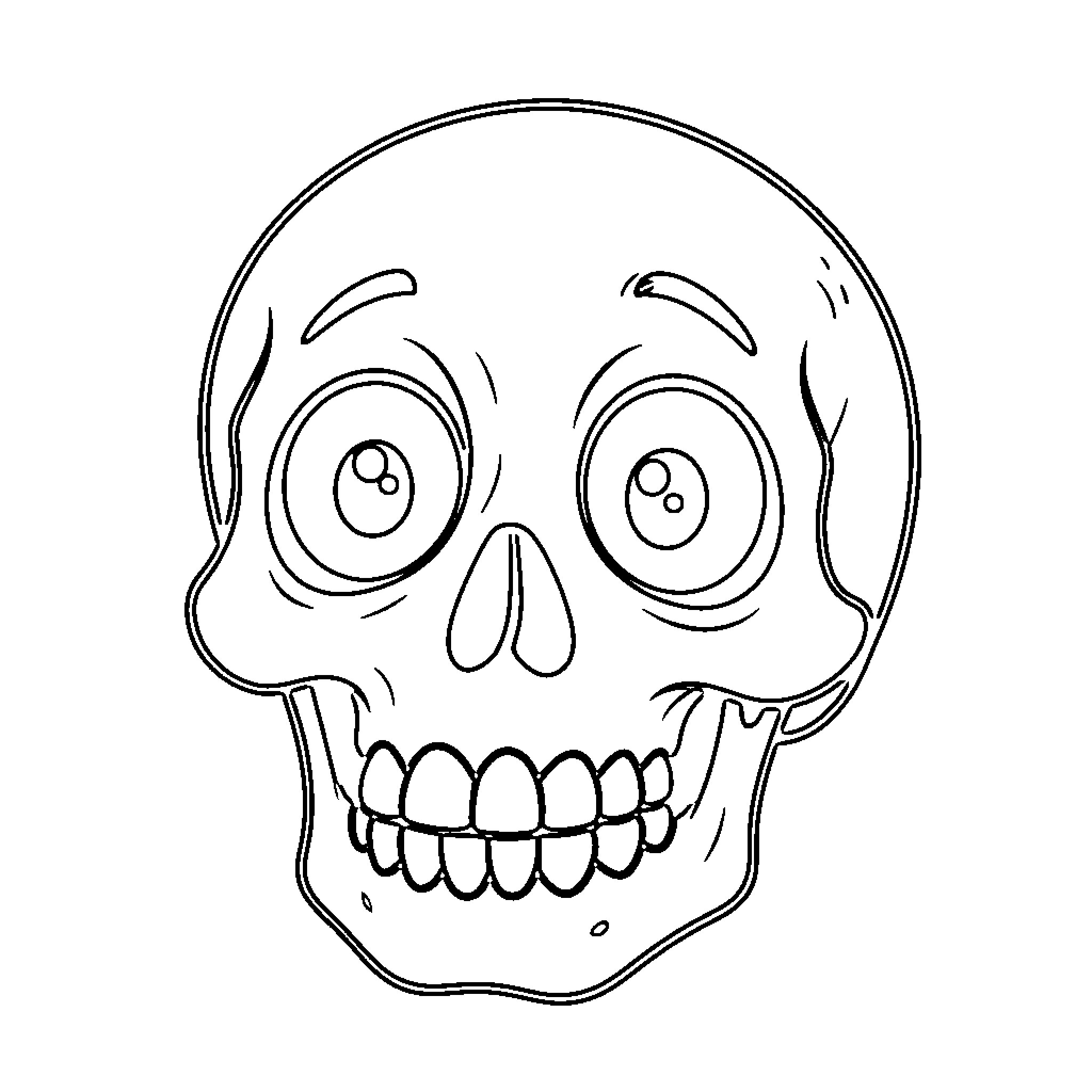 Skull with a wide surprised expression Coloring Page (free black-and-white line drawing printable PDF for all, from beginners to advanced learners, including children, teens, adults, and seniors)