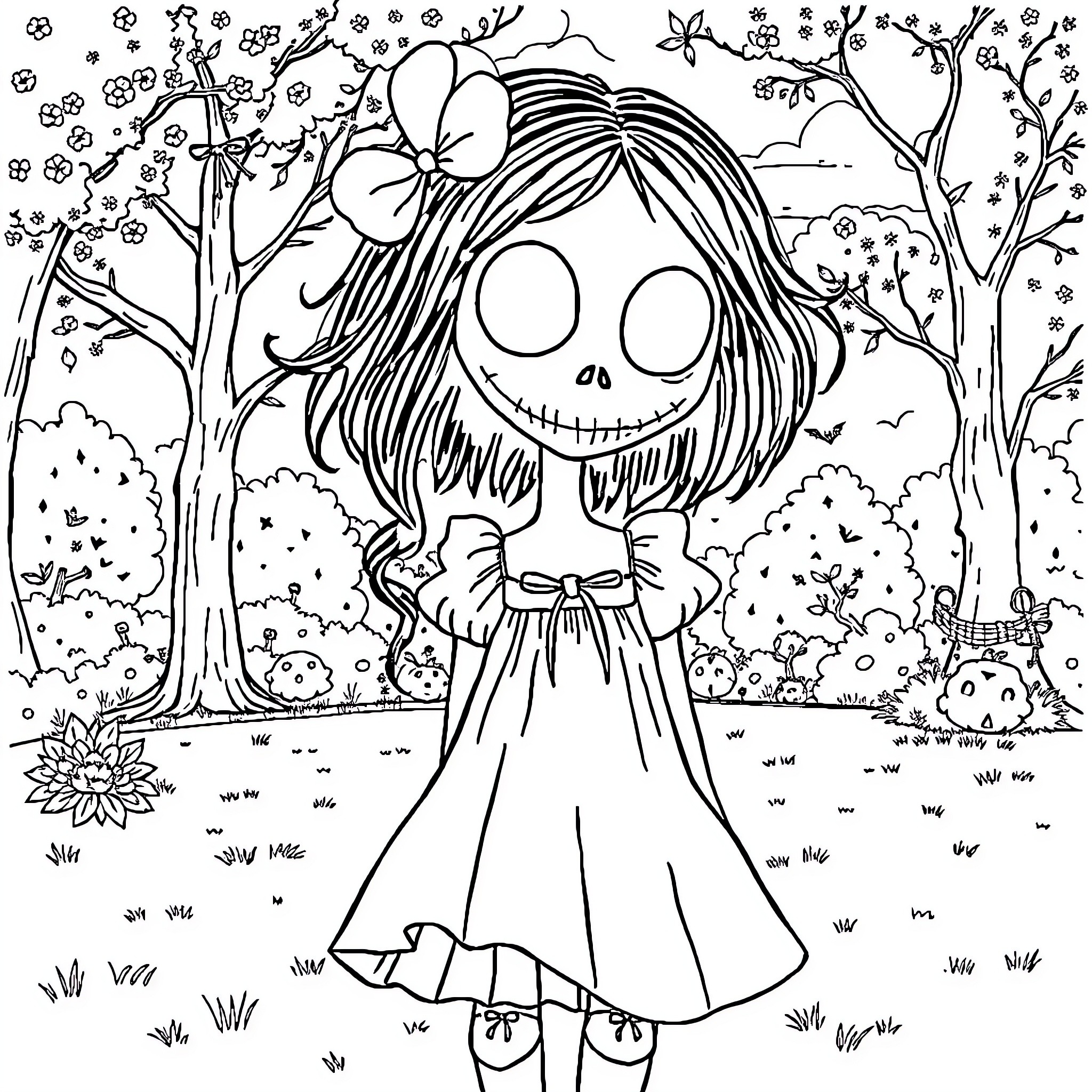 Girl with big smile in nature setting Coloring Page (free black-and-white line drawing printable PDF for all, from beginners to advanced learners, including children, teens, adults, and seniors)