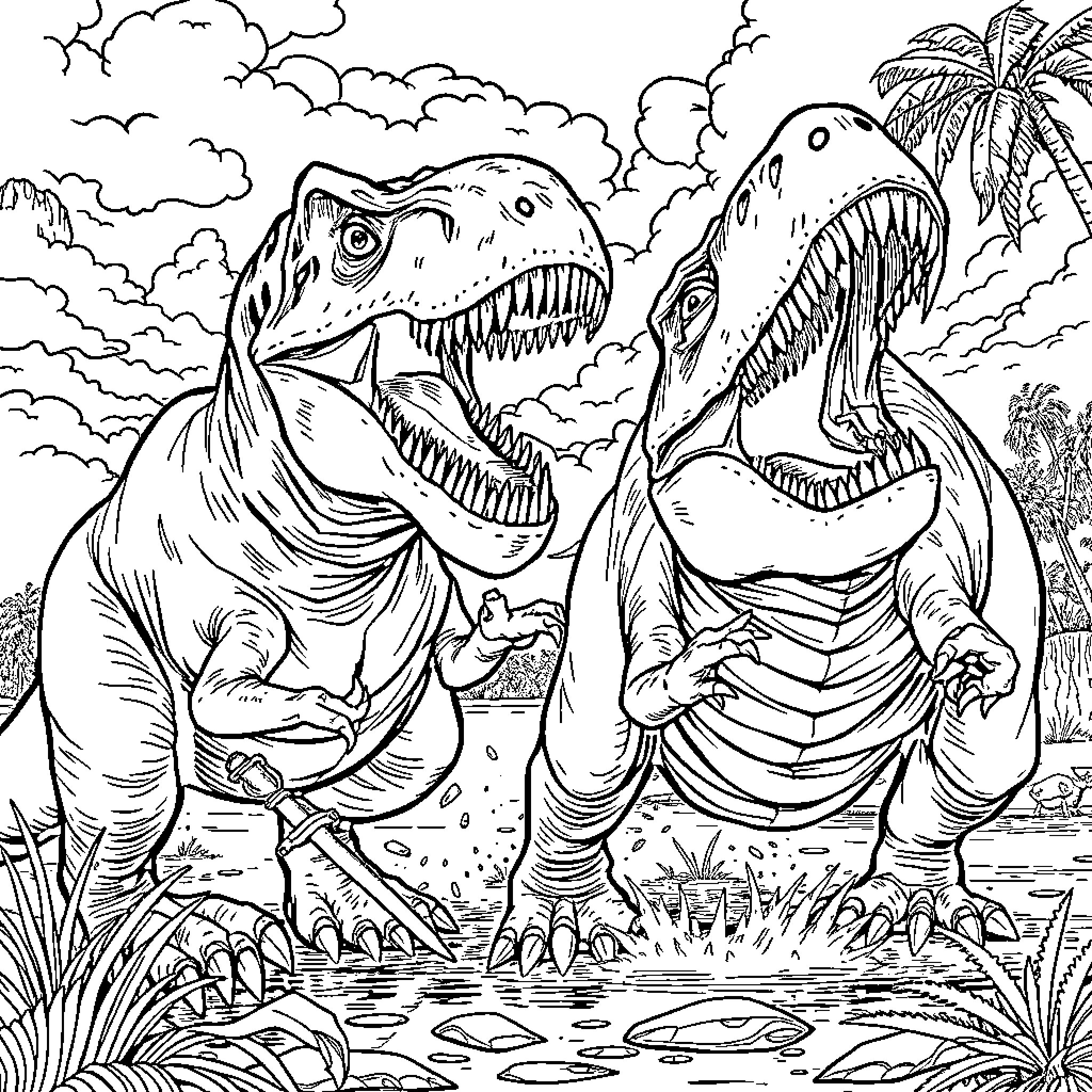 T-Rex Dinosaurs Roaring in the Jungle Coloring Page (free black-and-white line drawing printable PDF for all, from beginners to advanced learners, including children, teens, adults, and seniors)