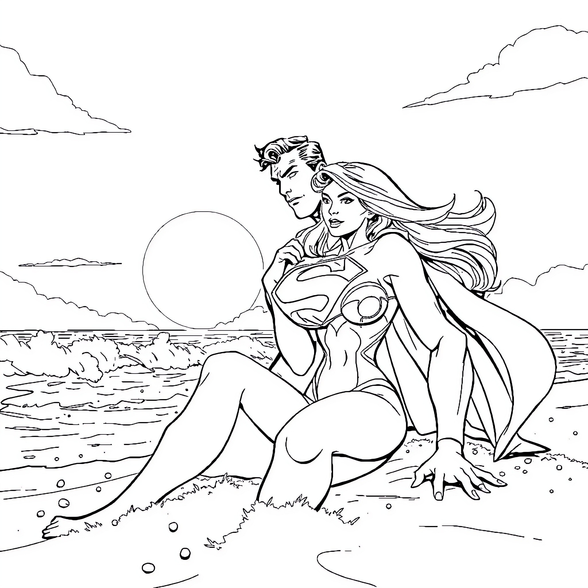 Superman and Supergirl sitting on the beach Coloring Page (free black-and-white line drawing printable PDF for all, from beginners to advanced learners, including children, teens, adults, and seniors)