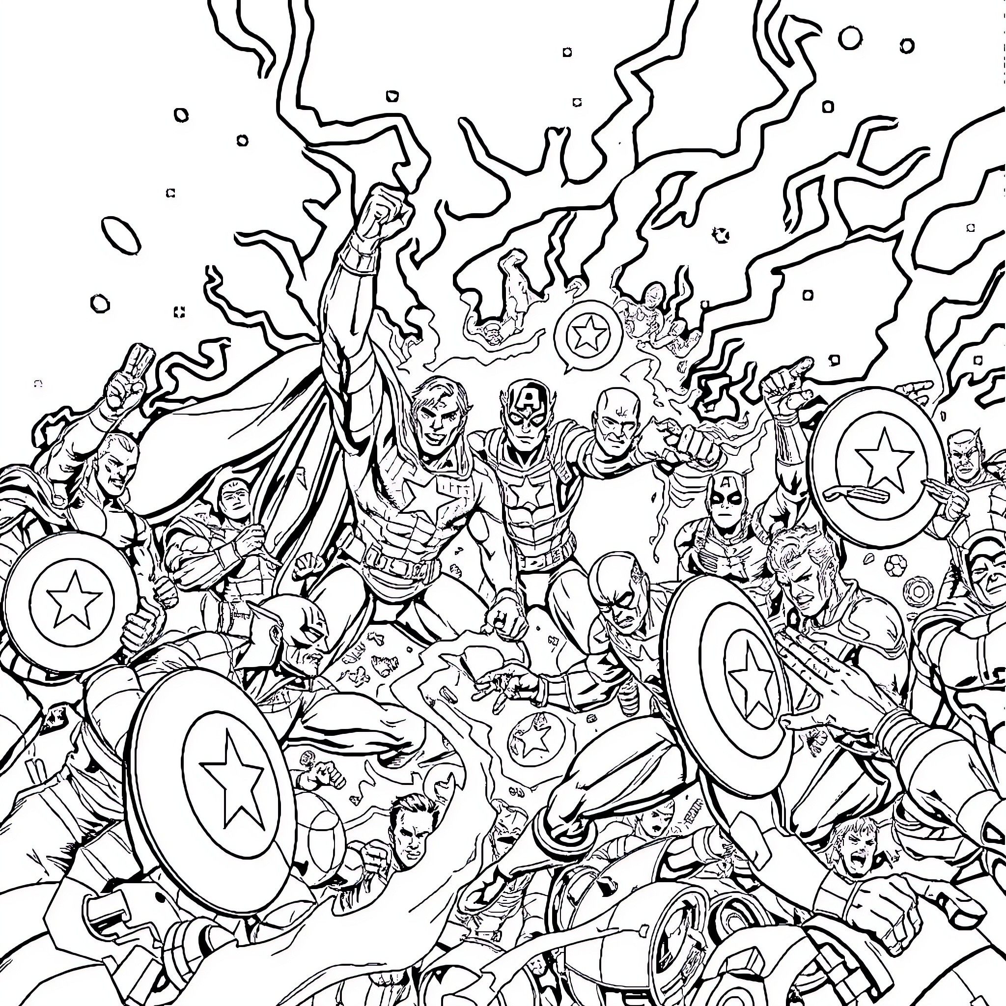 Avengers Assemble in Epic Clash of Superheroes Coloring Page (free black-and-white line drawing printable PDF for all, from beginners to advanced learners, including children, teens, adults, and seniors)