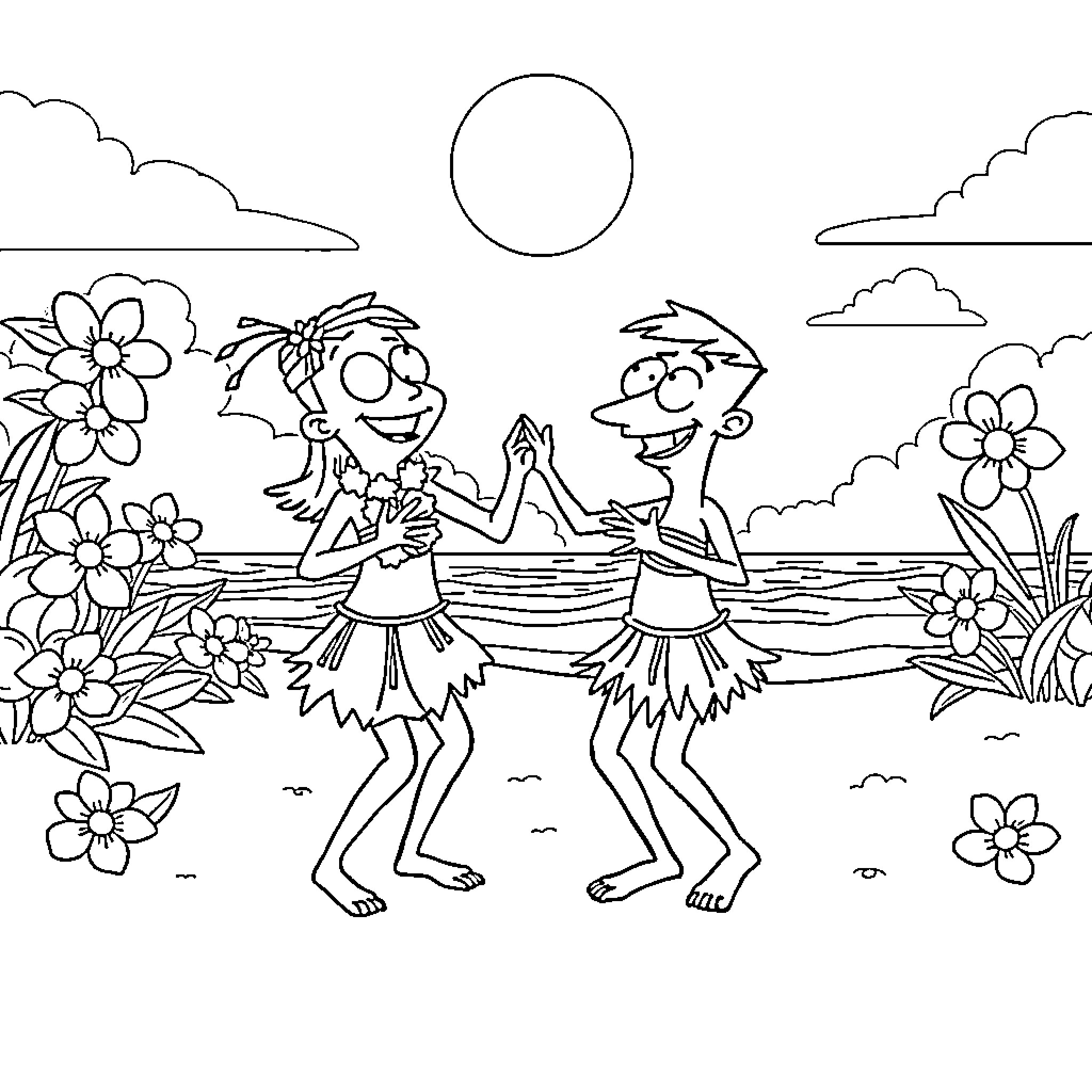 Phineas and Ferb dancing together in a tropical setting Coloring Page (free black-and-white line drawing printable PDF for all, from beginners to advanced learners, including children, teens, adults, and seniors)