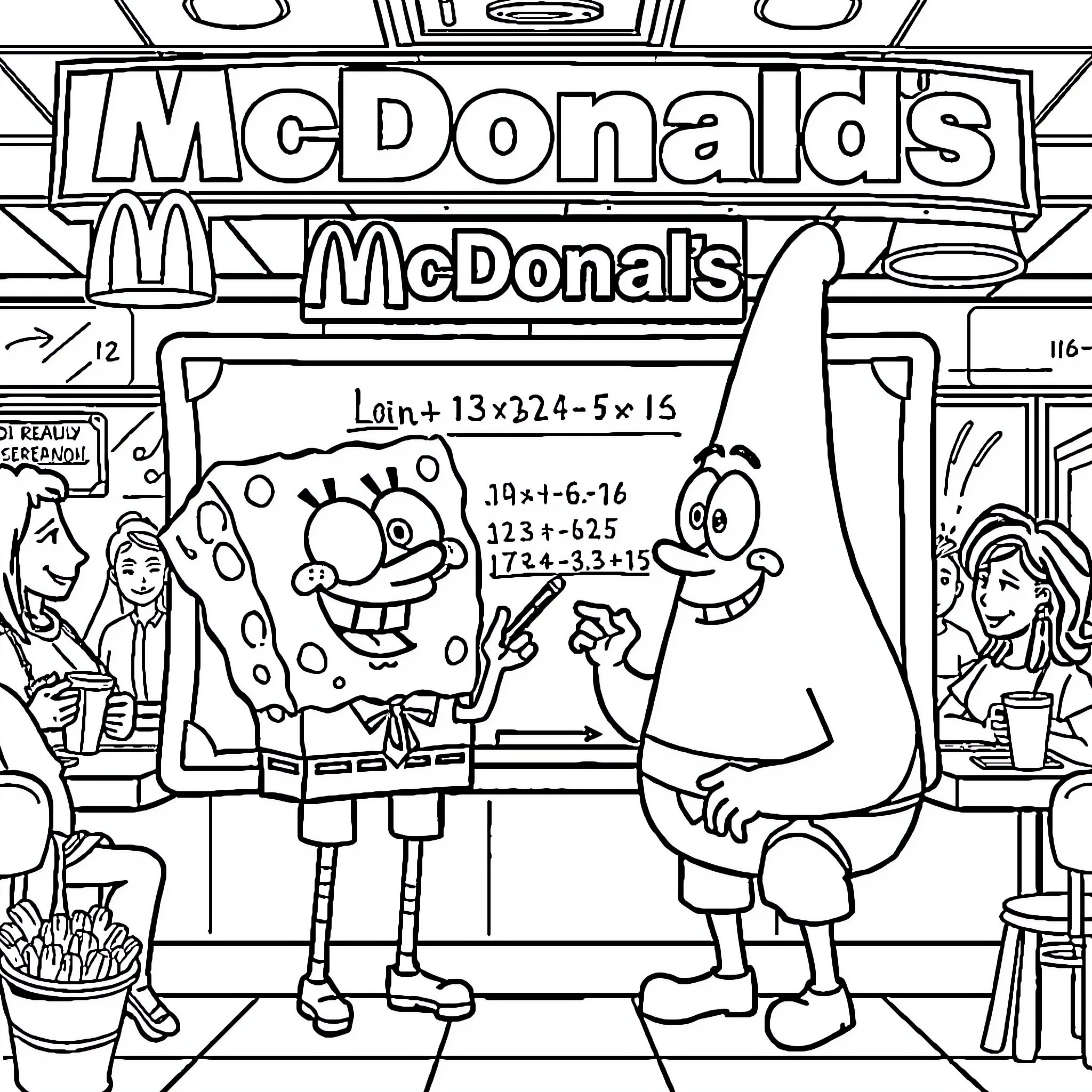 Sponge Bob and Patrick ordering at McDonald's Coloring Page (free black-and-white line drawing printable PDF for all, from beginners to advanced learners, including children, teens, adults, and seniors)