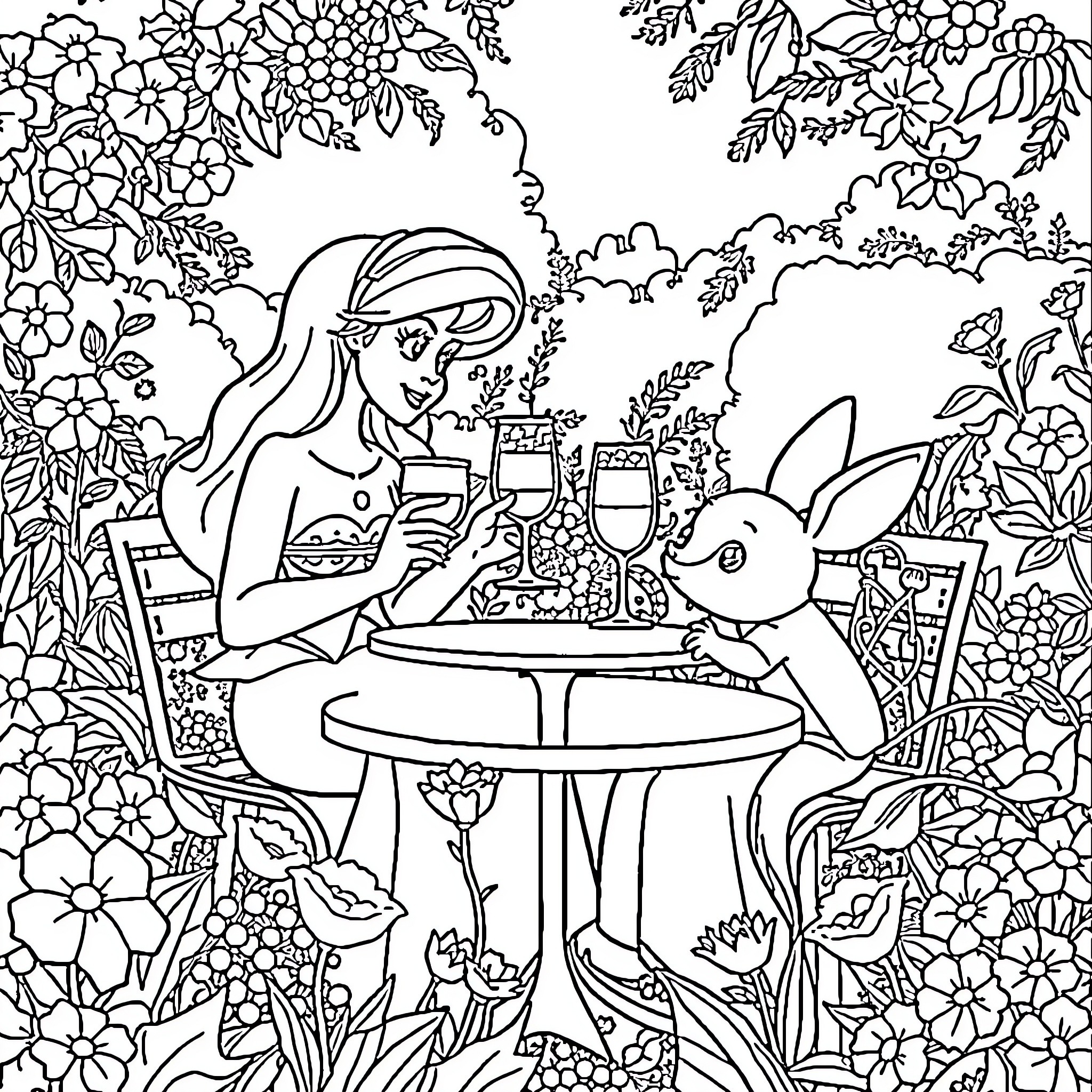Ariel's Tranquil Garden Tea Party Coloring Page (free black-and-white line drawing printable PDF for all, from beginners to advanced learners, including children, teens, adults, and seniors)