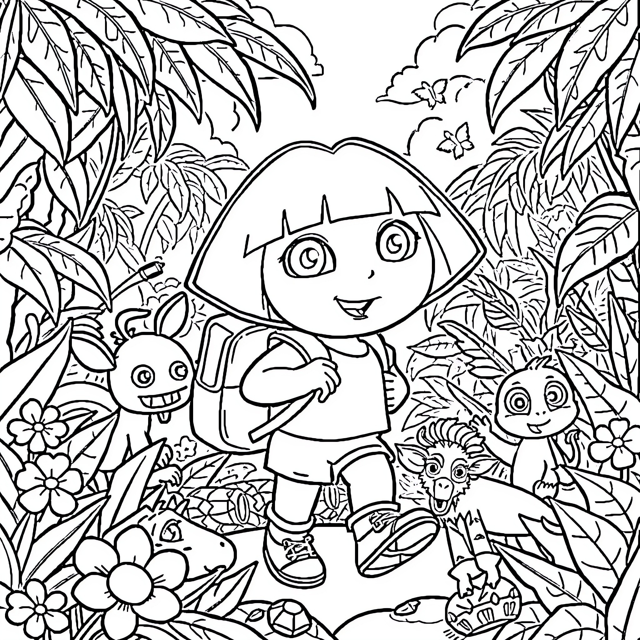 Dora's Adventure in the Lush Jungle Coloring Page (free black-and-white line drawing printable PDF for all, from beginners to advanced learners, including children, teens, adults, and seniors)