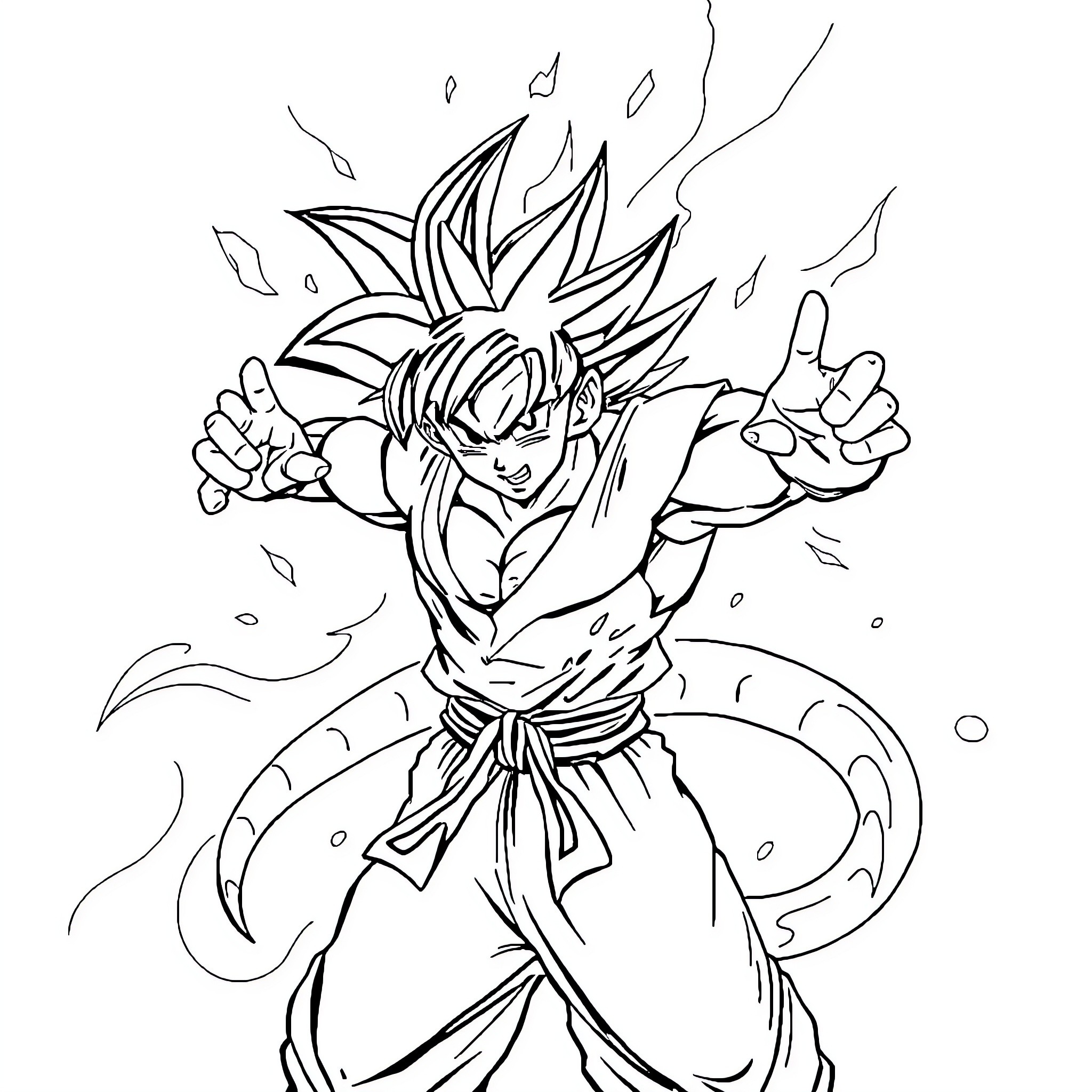 Dragon Ball Character Powering Up with Intense Expression Coloring Page (free black-and-white line drawing printable PDF for all, from beginners to advanced learners, including children, teens, adults, and seniors)