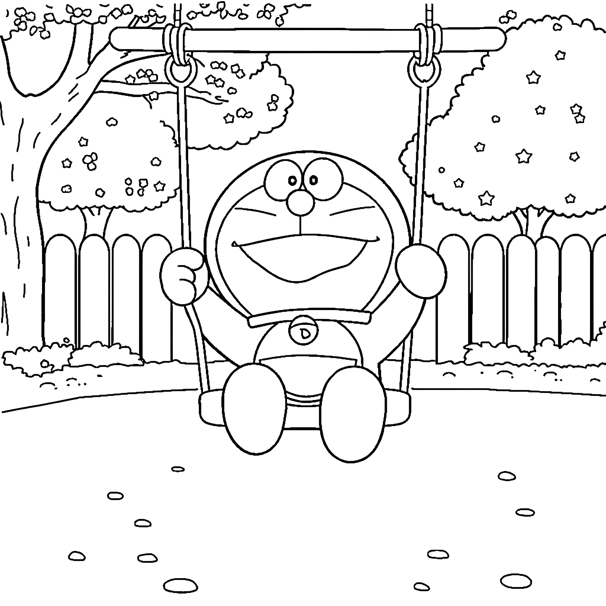 Doraemon enjoying a swing in the park Coloring Page (free black-and-white line drawing printable PDF for all, from beginners to advanced learners, including children, teens, adults, and seniors)