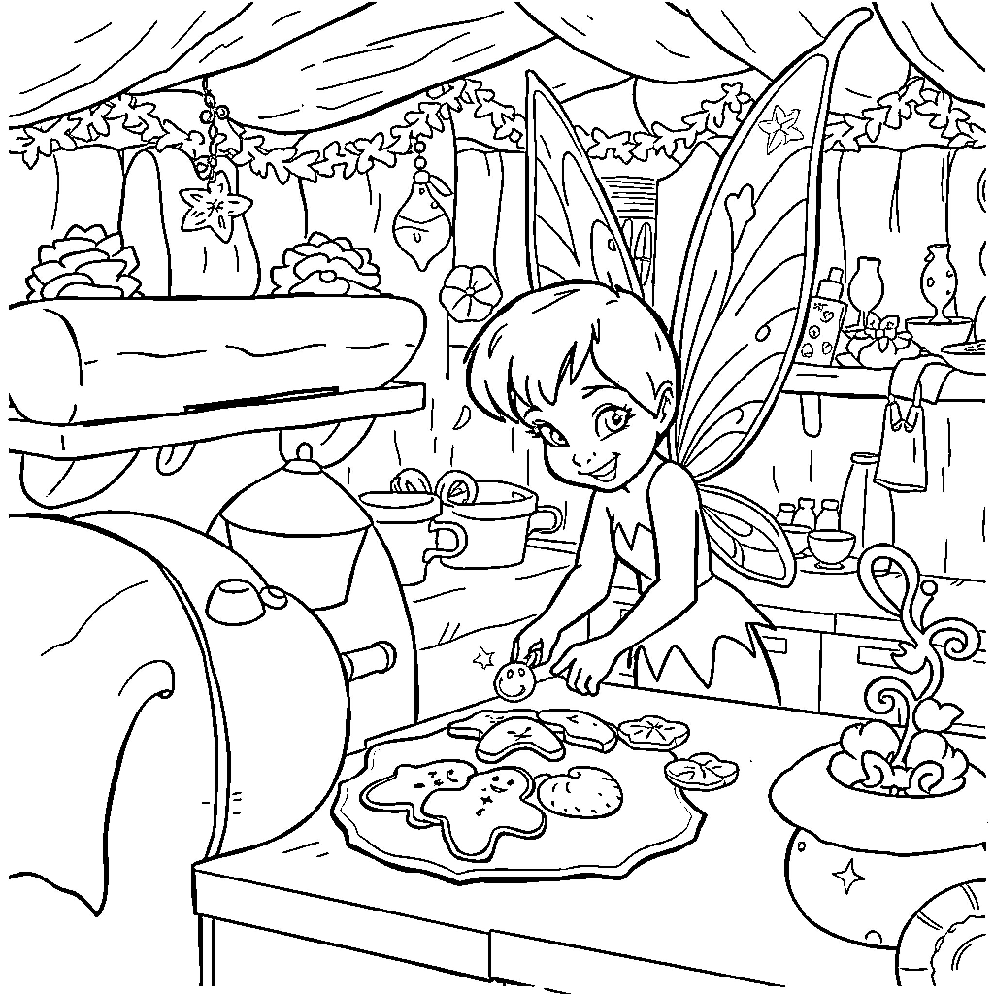 Tinkerbell baking cookies in her enchanted kitchen Coloring Page (free black-and-white line drawing printable PDF for all, from beginners to advanced learners, including children, teens, adults, and seniors)