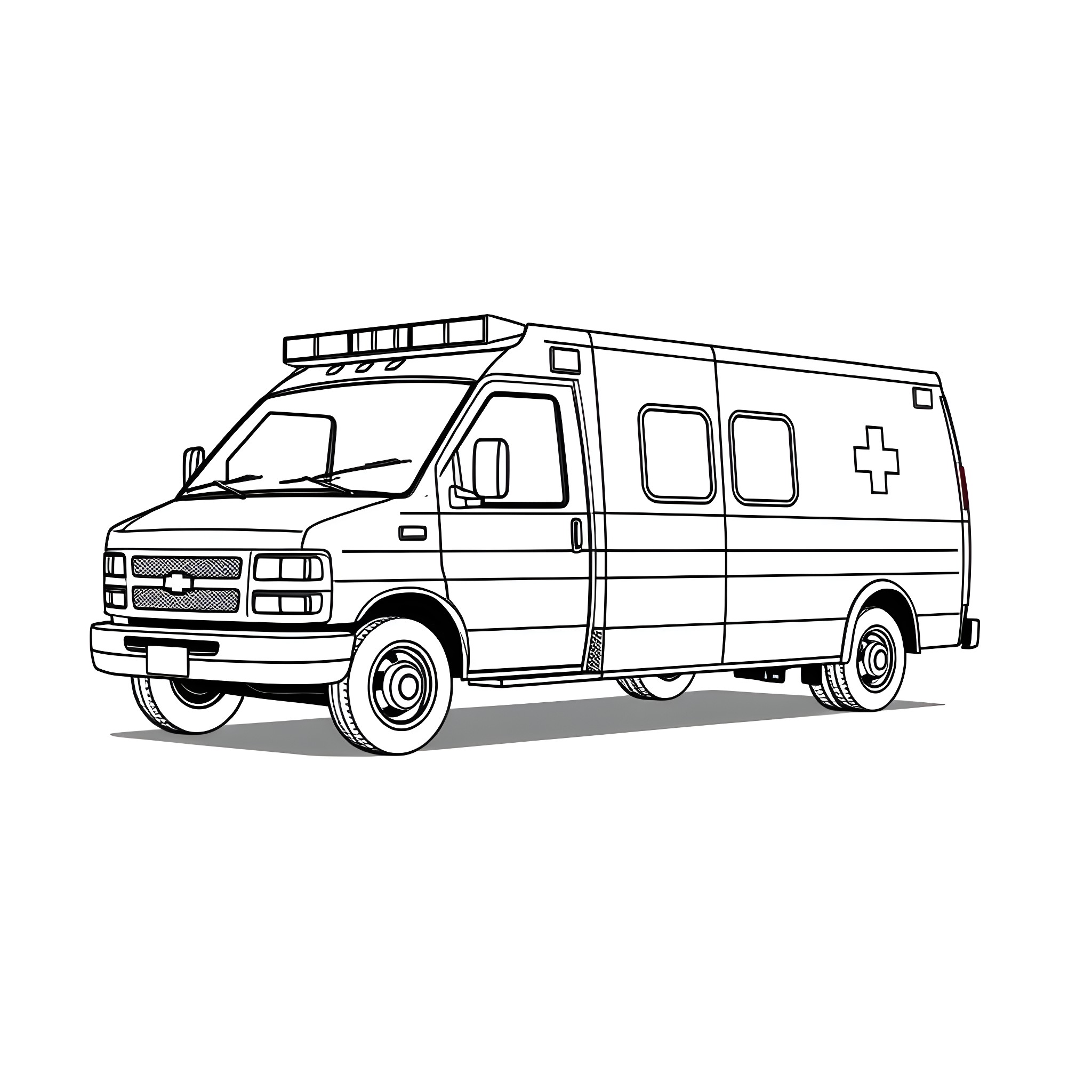 Ambulance vehicle with emergency lights and markings Coloring Page (free black-and-white line drawing printable PDF for all, from beginners to advanced learners, including children, teens, adults, and seniors)