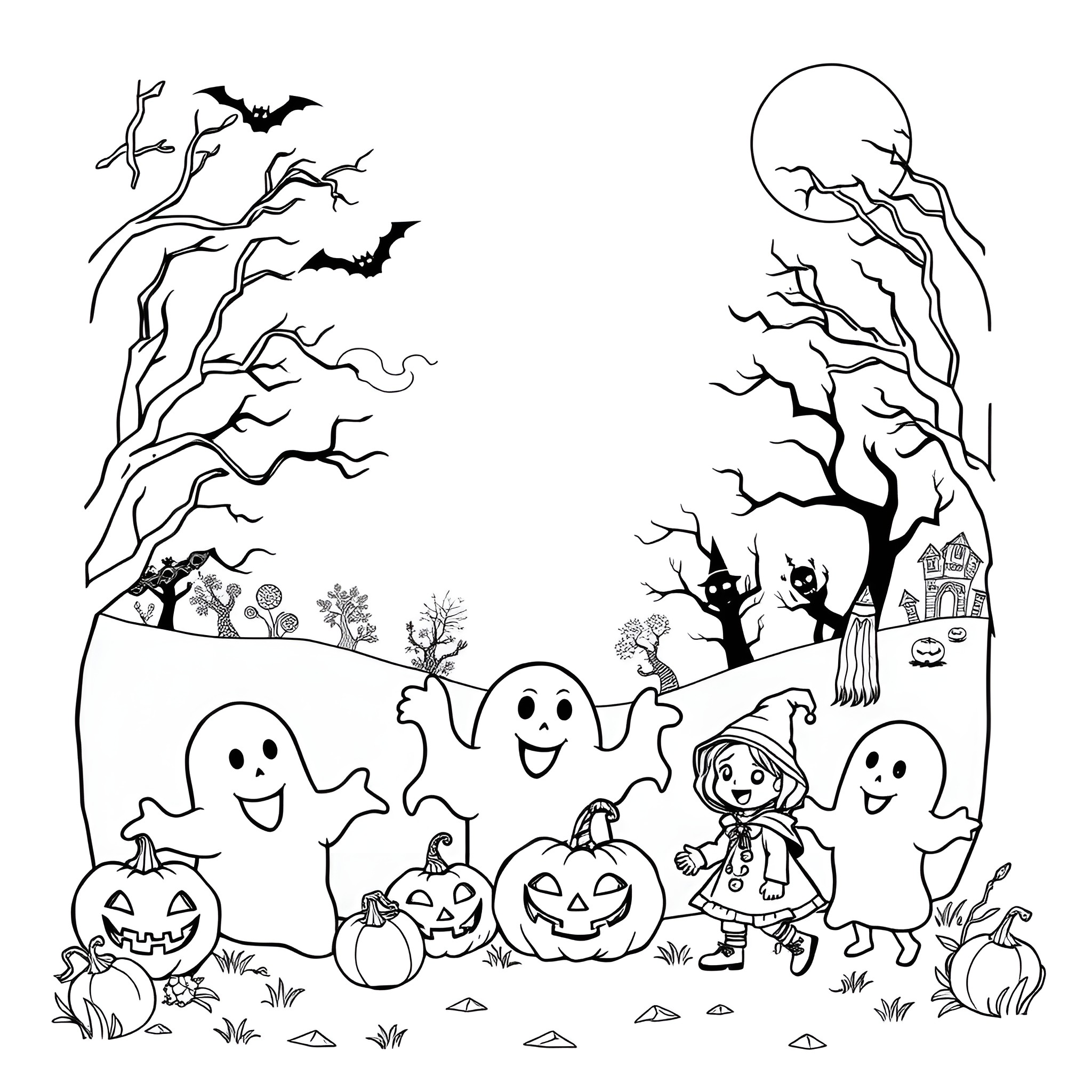 Halloween fun with ghostly friends and jack-o'-lanterns Coloring Page (free black-and-white line drawing printable PDF for all, from beginners to advanced learners, including children, teens, adults, and seniors)