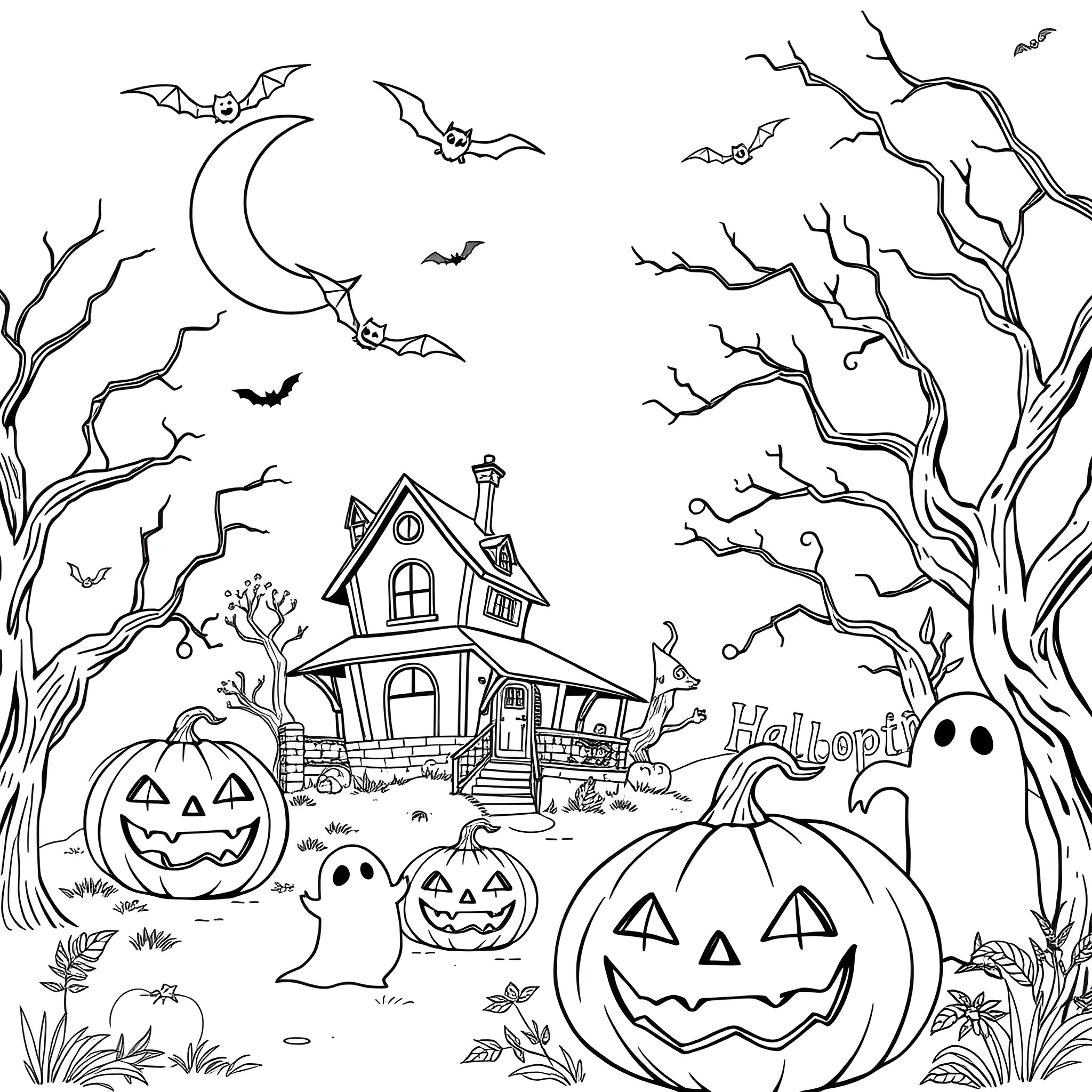 Halloween Haunted House with Pumpkins and Bats Coloring Page (free black-and-white line drawing printable PDF for all, from beginners to advanced learners, including children, teens, adults, and seniors)