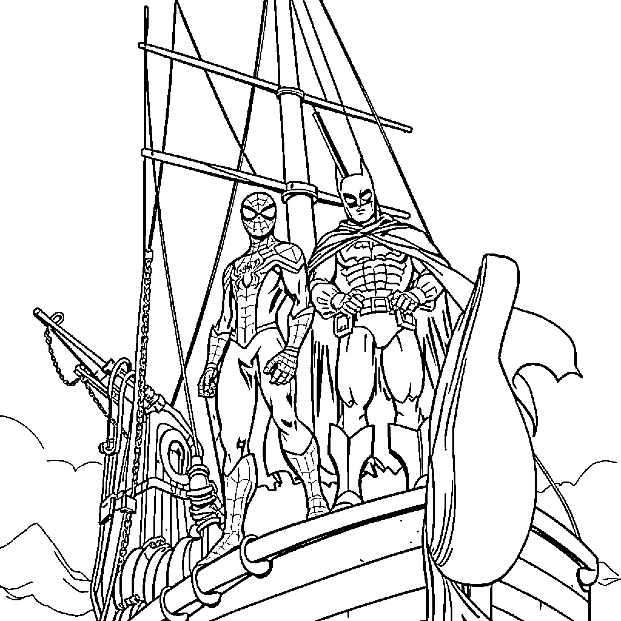 Spiderman and Batman on a Heroic Adventure Coloring Page (free black-and-white line drawing printable PDF for all, from beginners to advanced learners, including children, teens, adults, and seniors)