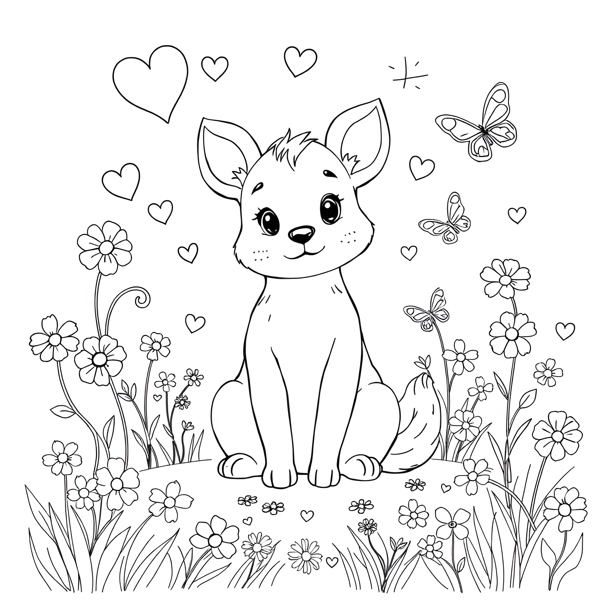 Adorable Puppy in a Floral Garden Coloring Page (free black-and-white line drawing printable PDF for all, from beginners to advanced learners, including children, teens, adults, and seniors)