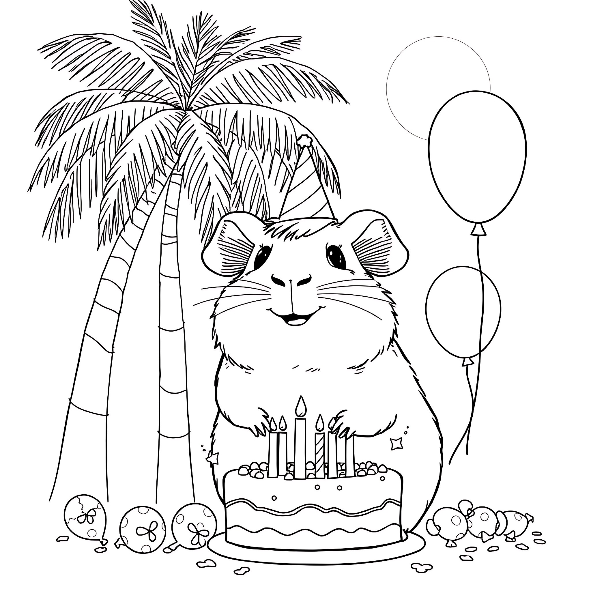 Guinea Pig Celebrating Birthday with Cake and Balloons Coloring Page (free black-and-white line drawing printable PDF for all, from beginners to advanced learners, including children, teens, adults, and seniors)