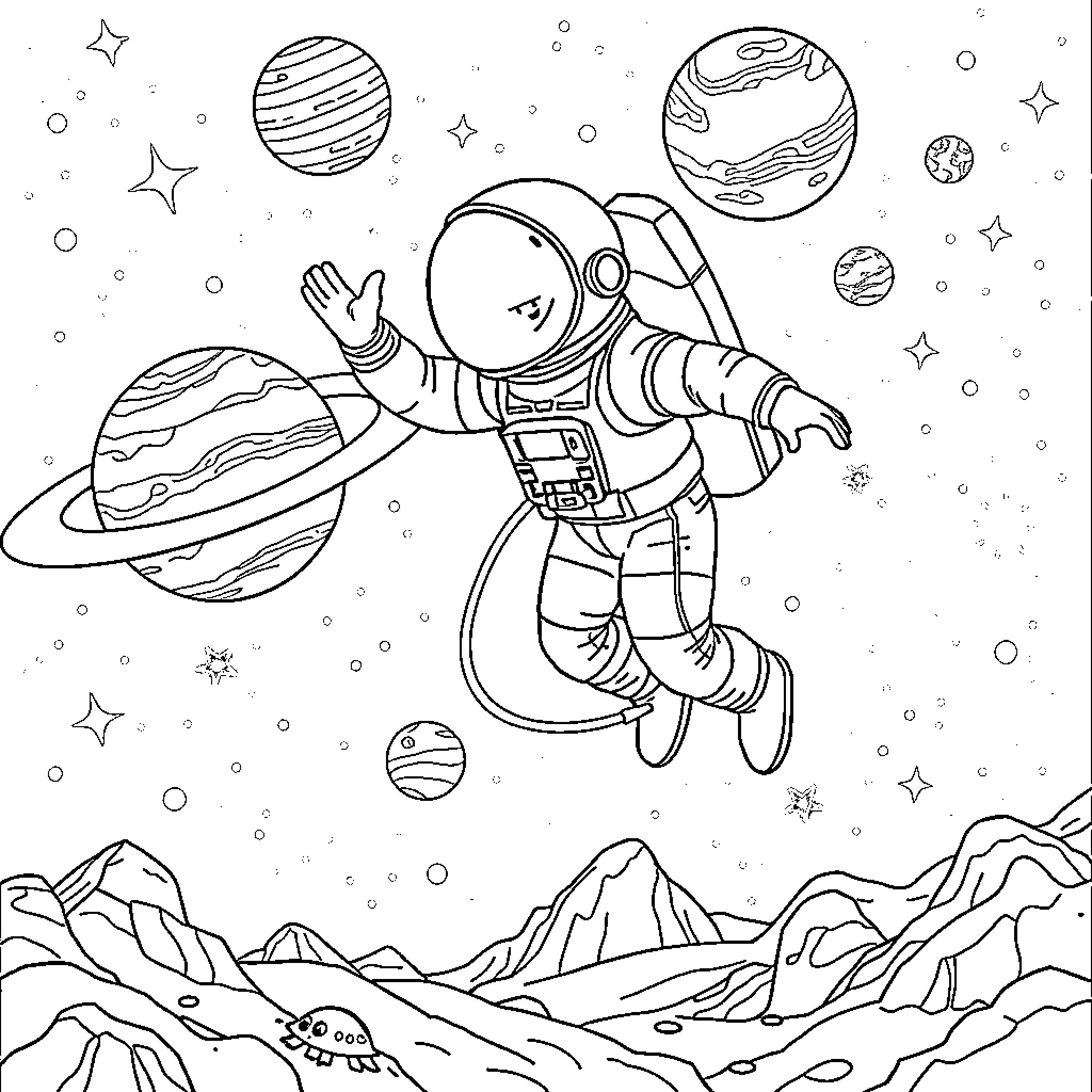 Astronaut exploring the wonders of the universe Coloring Page (free black-and-white line drawing printable PDF for all, from beginners to advanced learners, including children, teens, adults, and seniors)