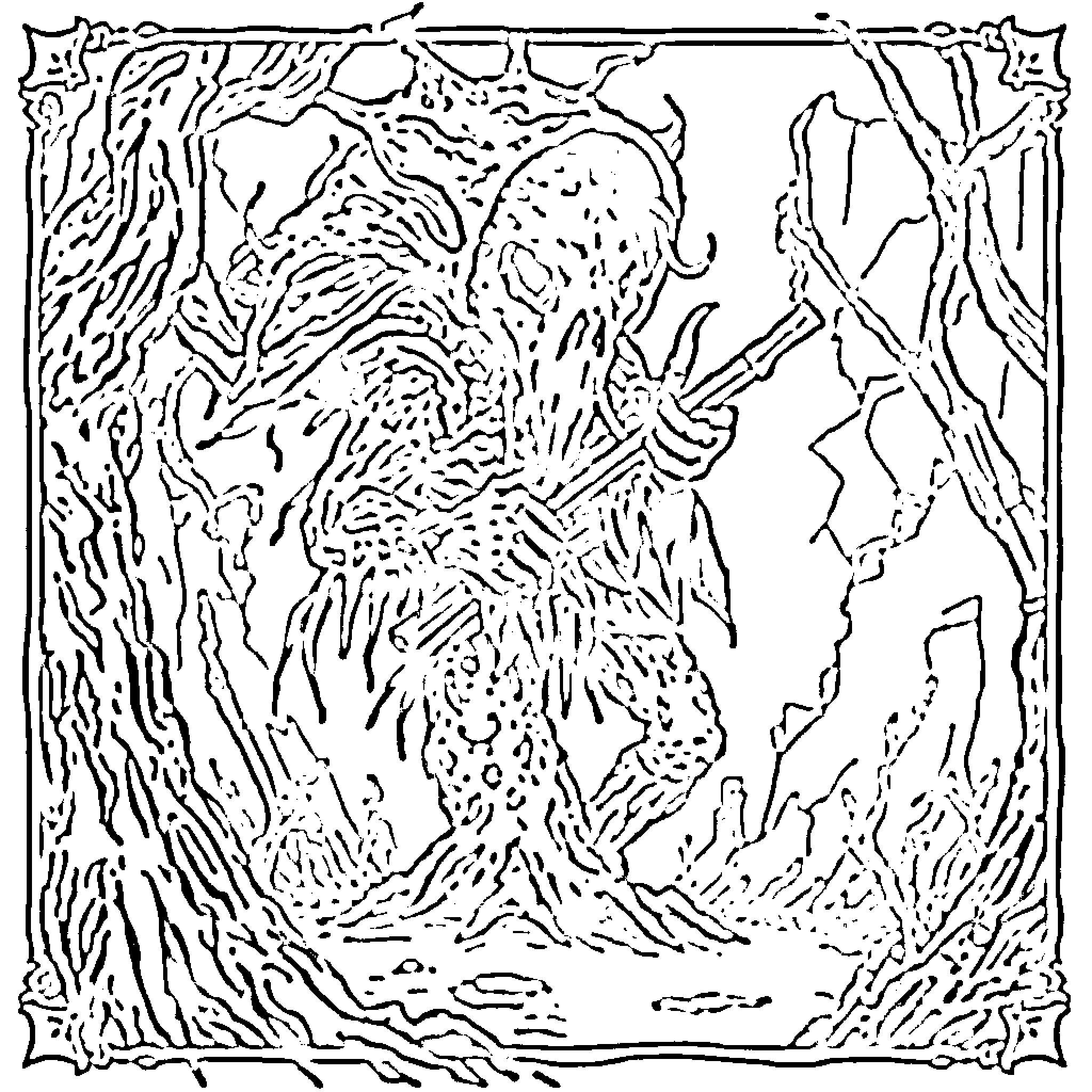 Marrow Gnawer amidst haunting forest scenery Coloring Page (free black-and-white line drawing printable PDF for all, from beginners to advanced learners, including children, teens, adults, and seniors)