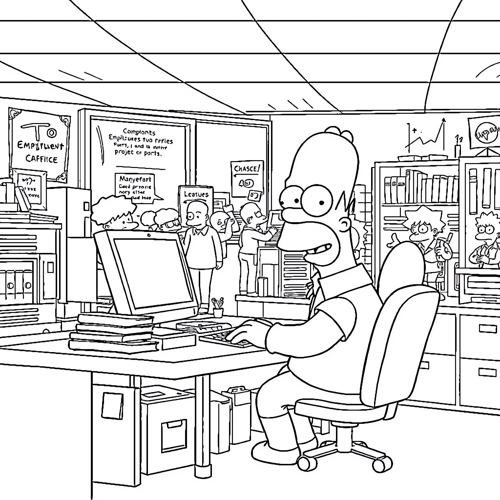 Homer Simpson Celebrating Accomplishments at the Office Coloring Page (free black-and-white line drawing printable PDF for all, from beginners to advanced learners, including children, teens, adults, and seniors)