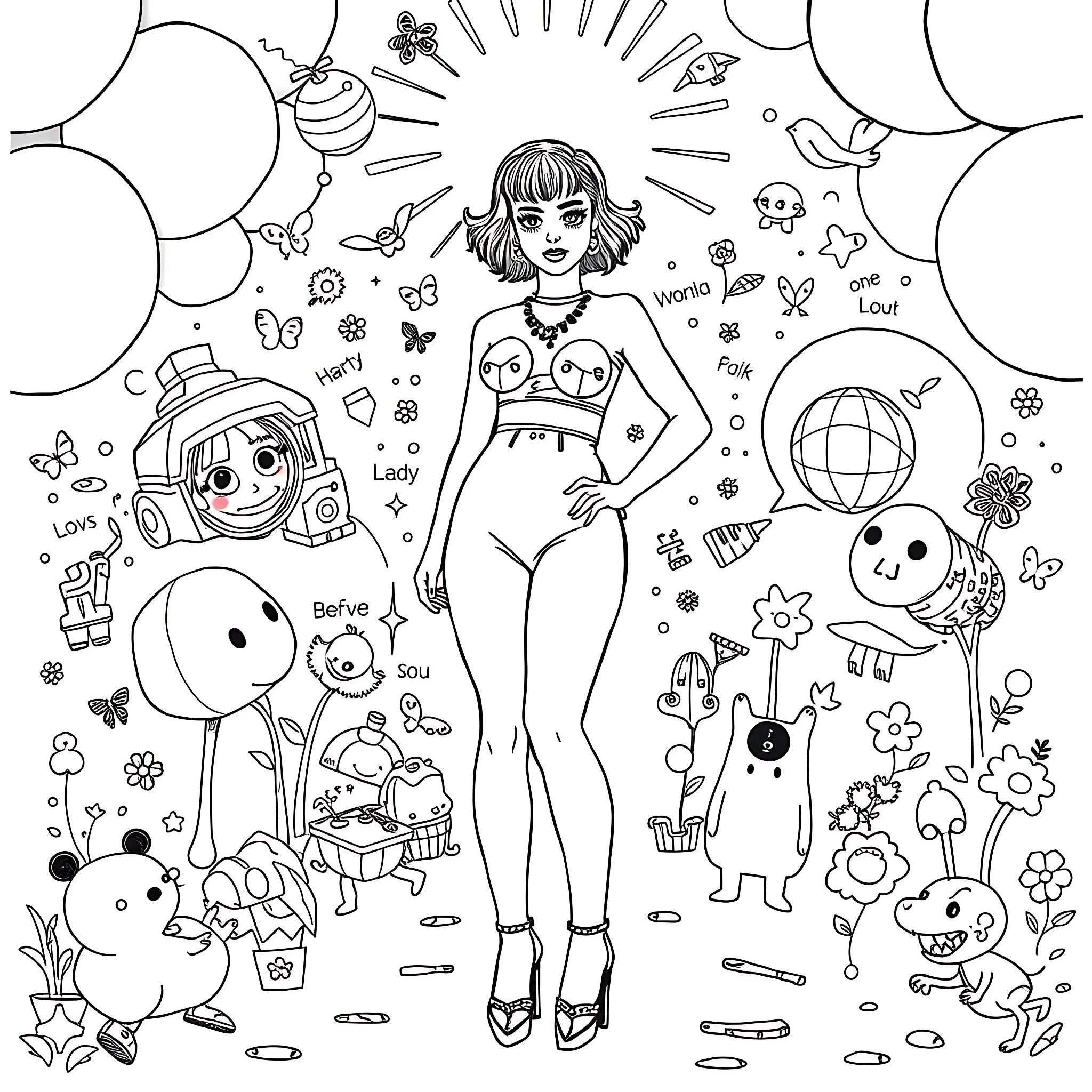 Katy Perry's Colorful and Quirky Wonderland Coloring Page (free black-and-white line drawing printable PDF for all, from beginners to advanced learners, including children, teens, adults, and seniors)